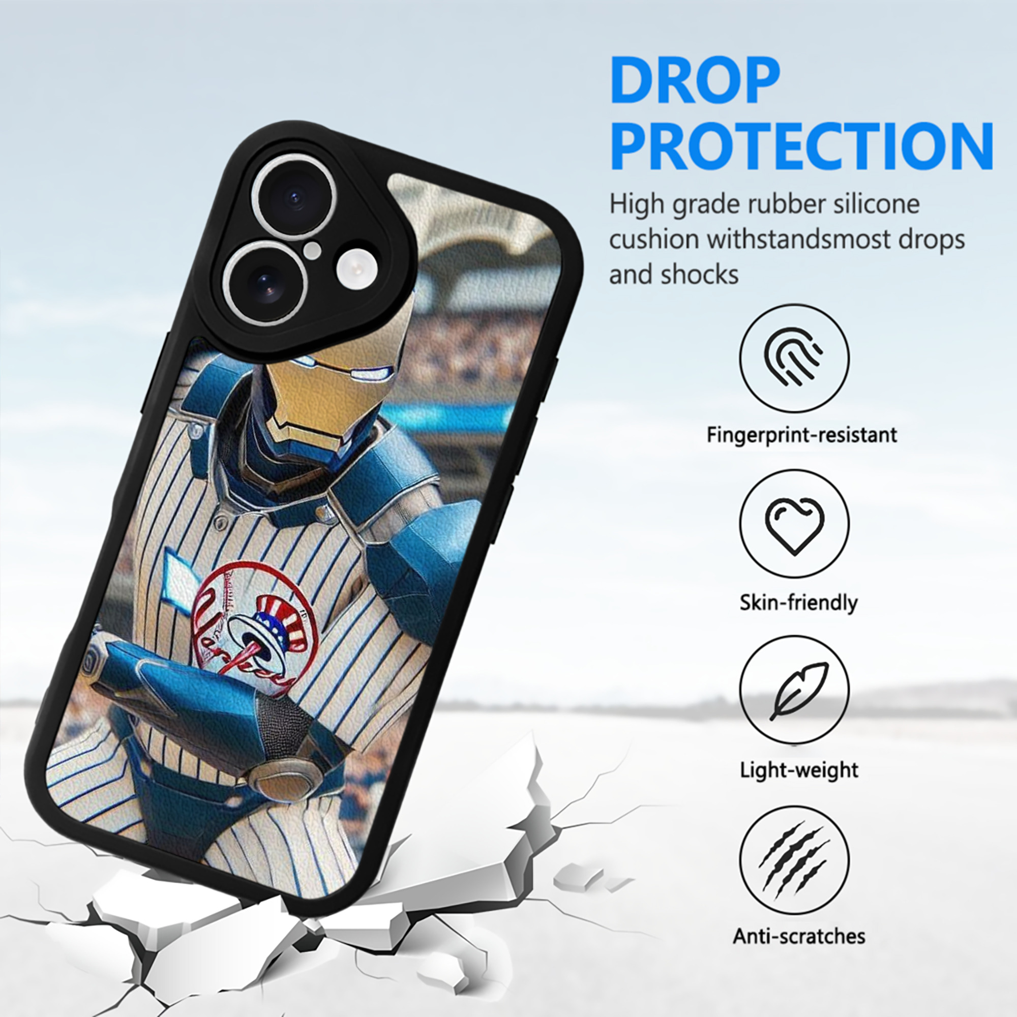 New York Yankees Iron Man IPhone 16 Silicone Leather Case – UV Print, Lambskin Texture – Perfect Fit, Wireless Charging Compatible, Scratch Resistant, Precise Cutouts – Stylish Protection For IPhone 16