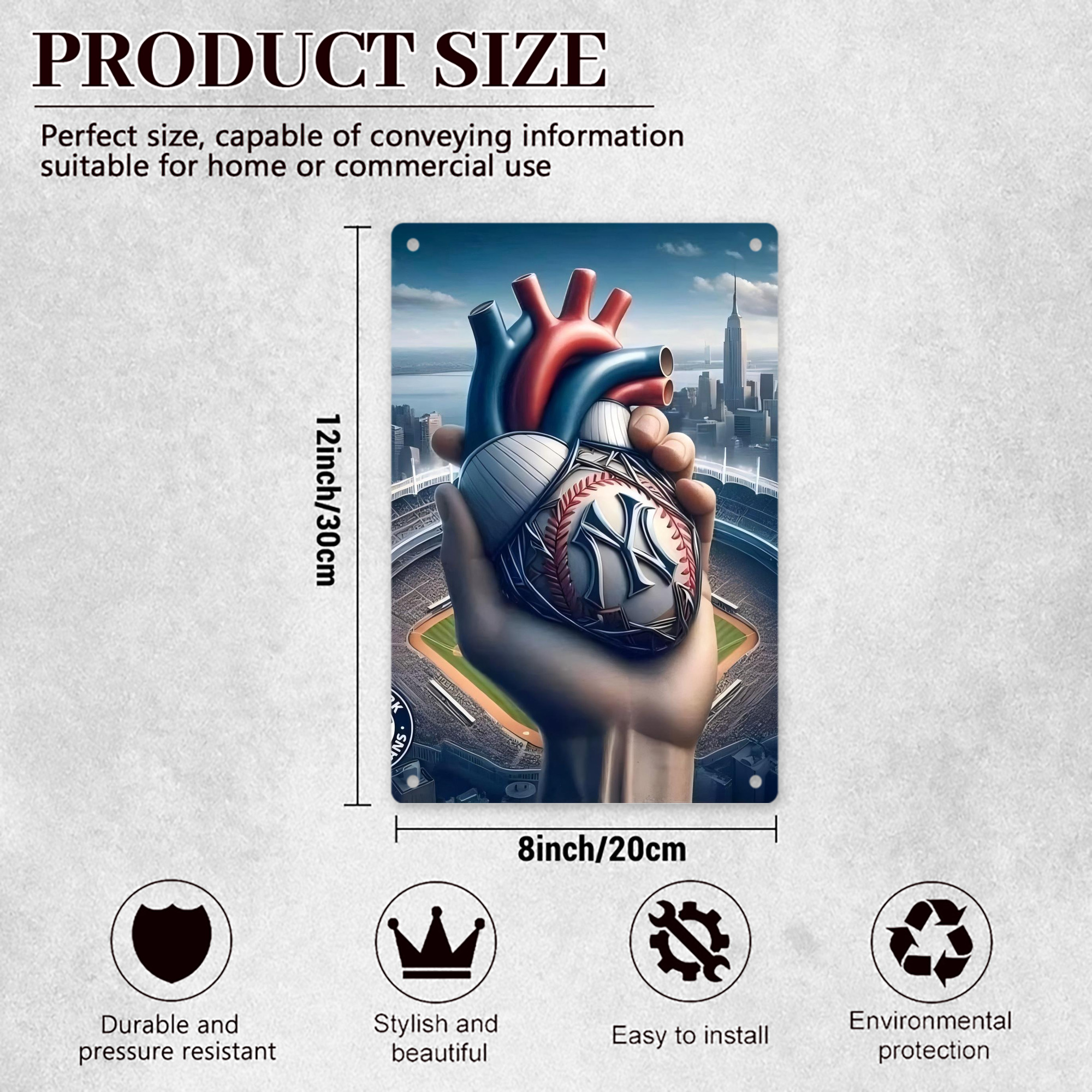 New York Yankees Heart 8x12inch Vertical Aluminum Sign - Durable Fade-Resistant Indoor/Outdoor Safety & Information Plaque For Office, Hotel, Restaurant, Bar, Public Spaces