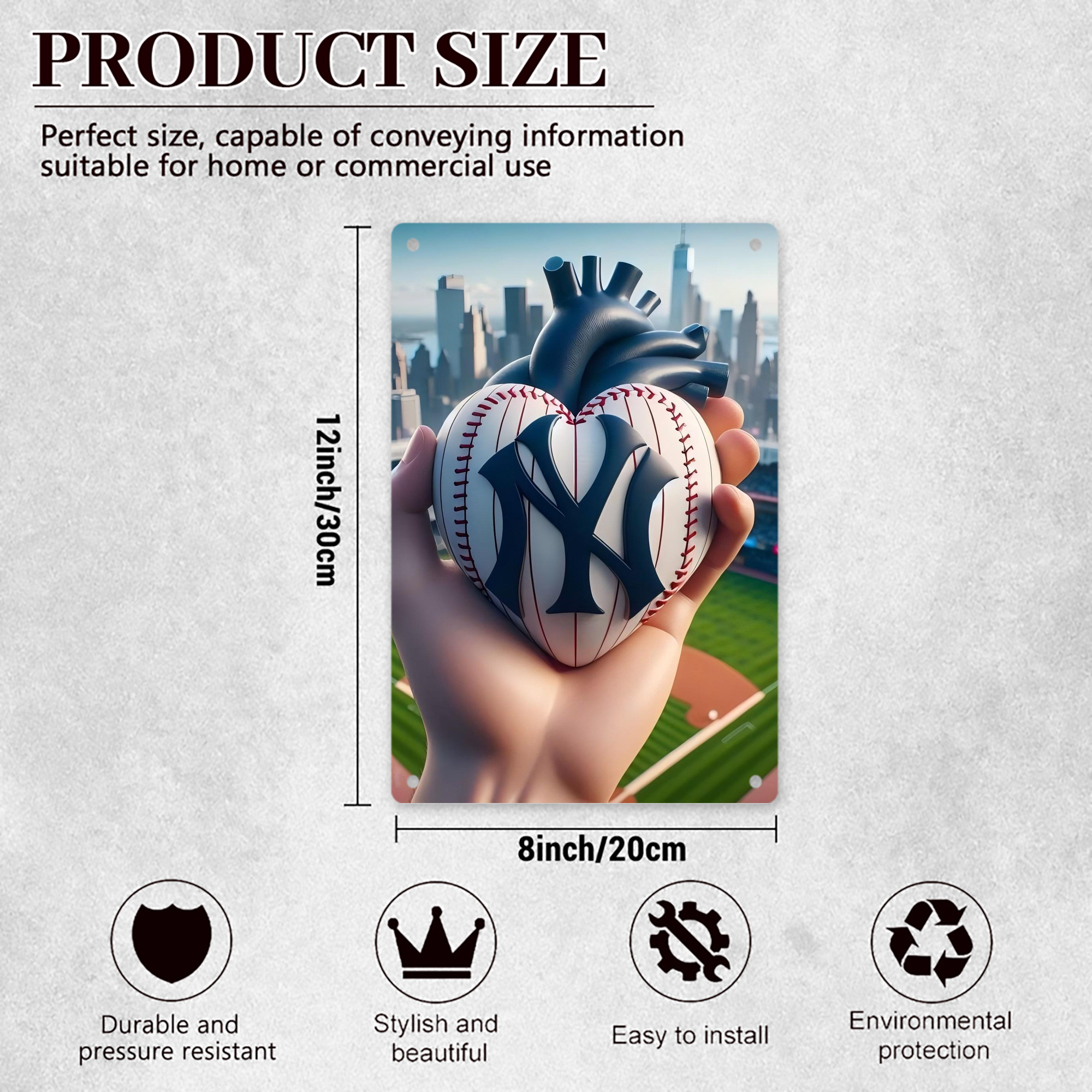 New York Yankees Heart 8x12inch Vertical Aluminum Sign - Durable Fade-Resistant Indoor/Outdoor Safety & Information Plaque For Office, Hotel, Restaurant, Bar, Public Spaces