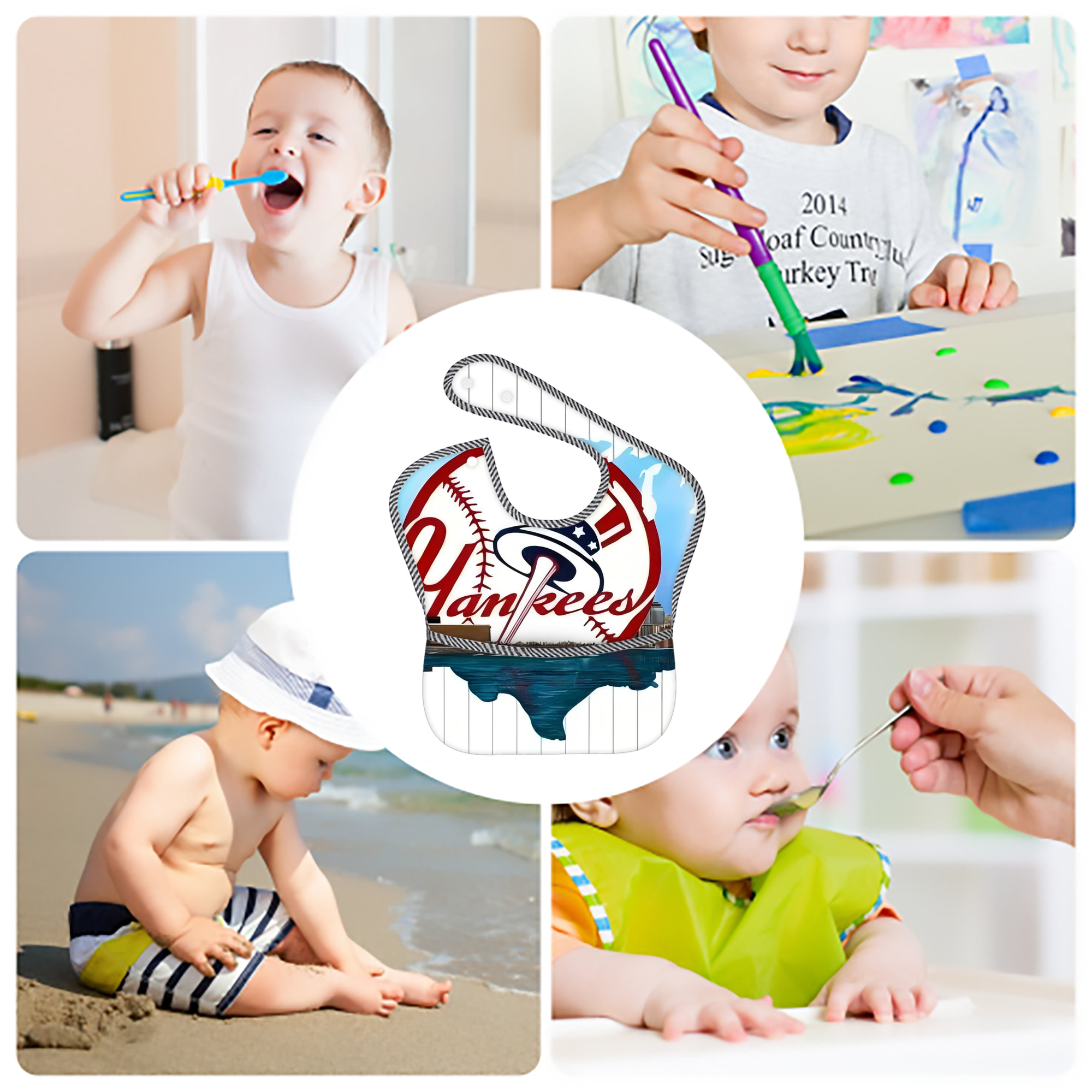 New York Yankees 352 Adjustable Waterproof Toddler Bib – Full-Print Durable Polyester – Foldable Crumb Pocket – Easy Snap Closure – Soft