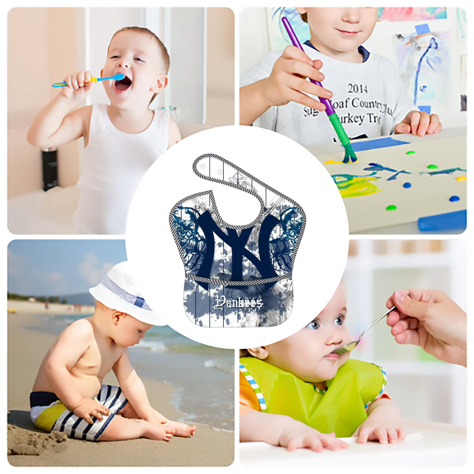 New York Yankees 353 Adjustable Waterproof Toddler Bib – Full-Print Durable Polyester – Foldable Crumb Pocket – Easy Snap Closure – Soft