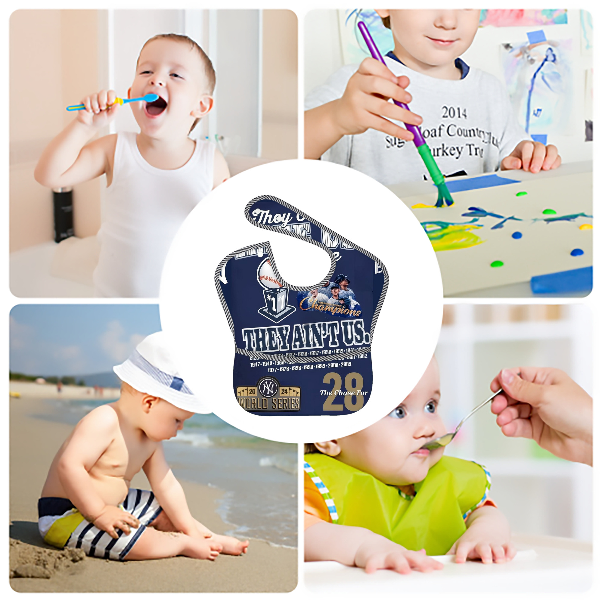 New York Yankees 358 Adjustable Waterproof Toddler Bib – Full-Print Durable Polyester – Foldable Crumb Pocket – Easy Snap Closure – Soft