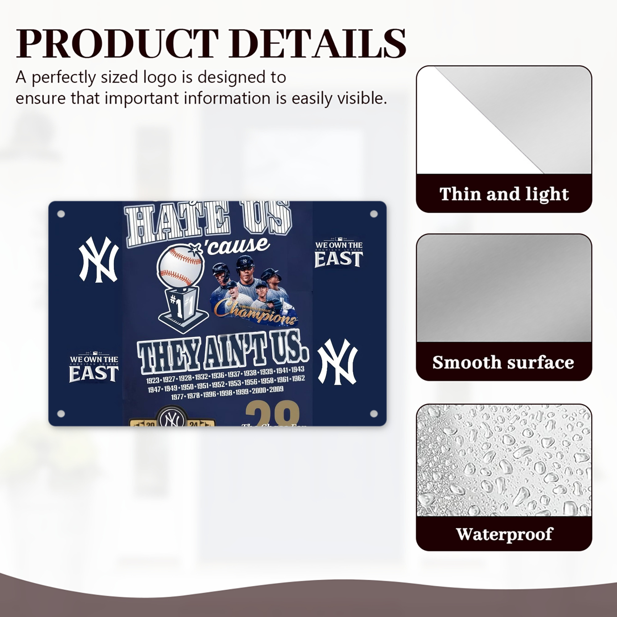 New York Yankees 358 Decorative Aluminum Plaque – Horizontal Design – Durable, Stylish, Easy To Install – Ideal For Home, Office, Bar, And More