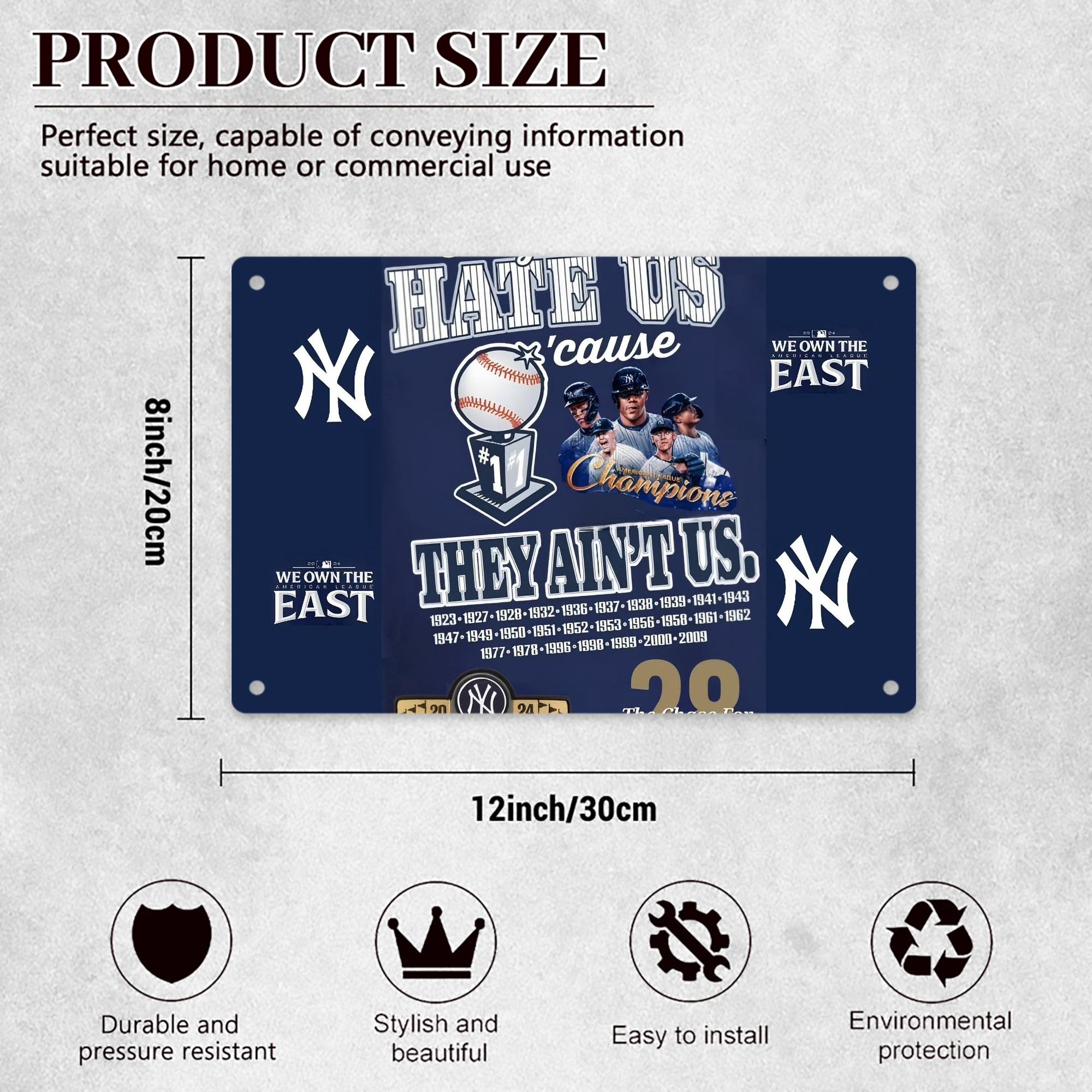 New York Yankees 358 Decorative Aluminum Plaque – Horizontal Design – Durable, Stylish, Easy To Install – Ideal For Home, Office, Bar, And More