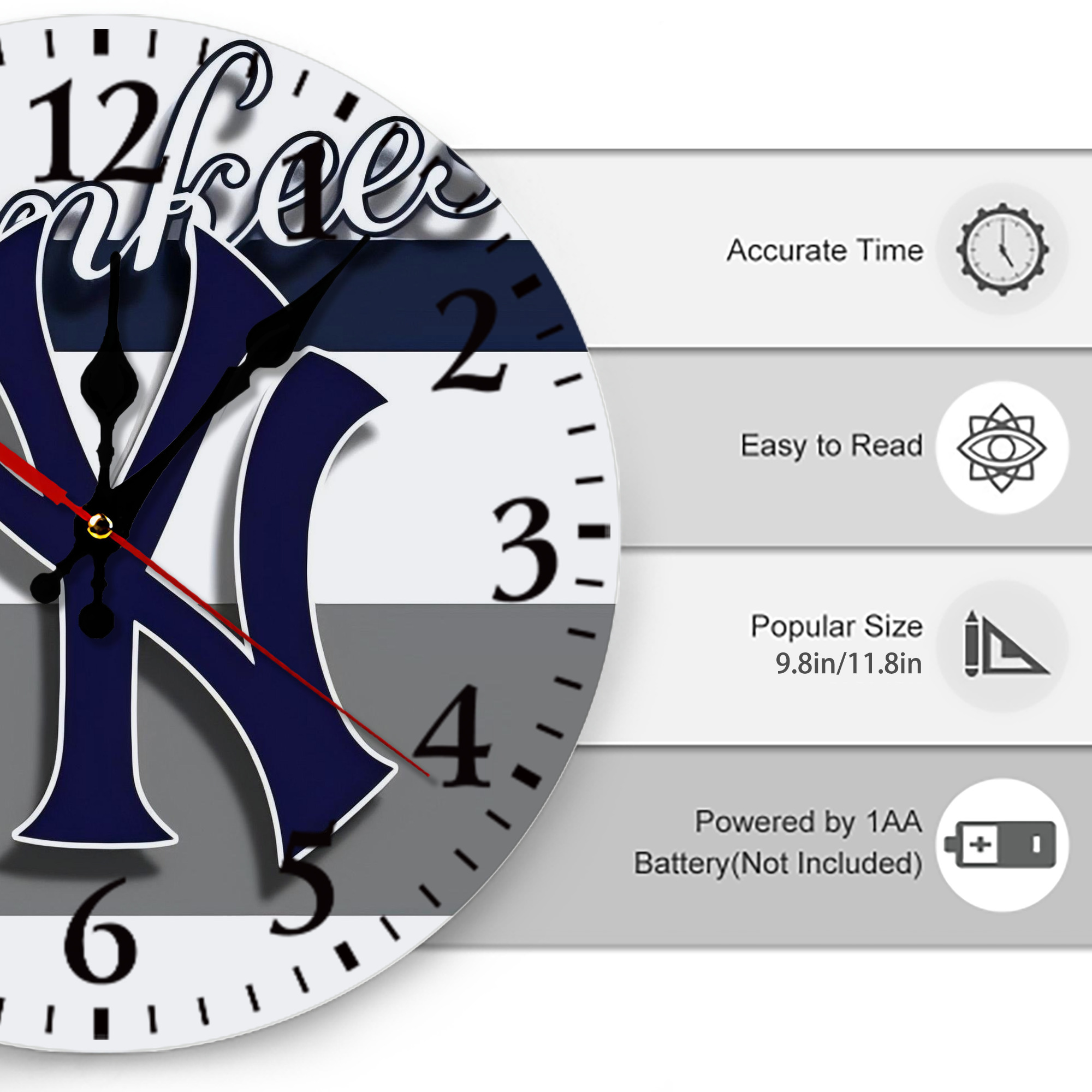 New York Yankees 356 Silent Round Wall Clock – Modern & Stylish DIY Design, Durable Wood Construction, Easy To Install – Perfect For Office, Bedroom, Living Room, And More