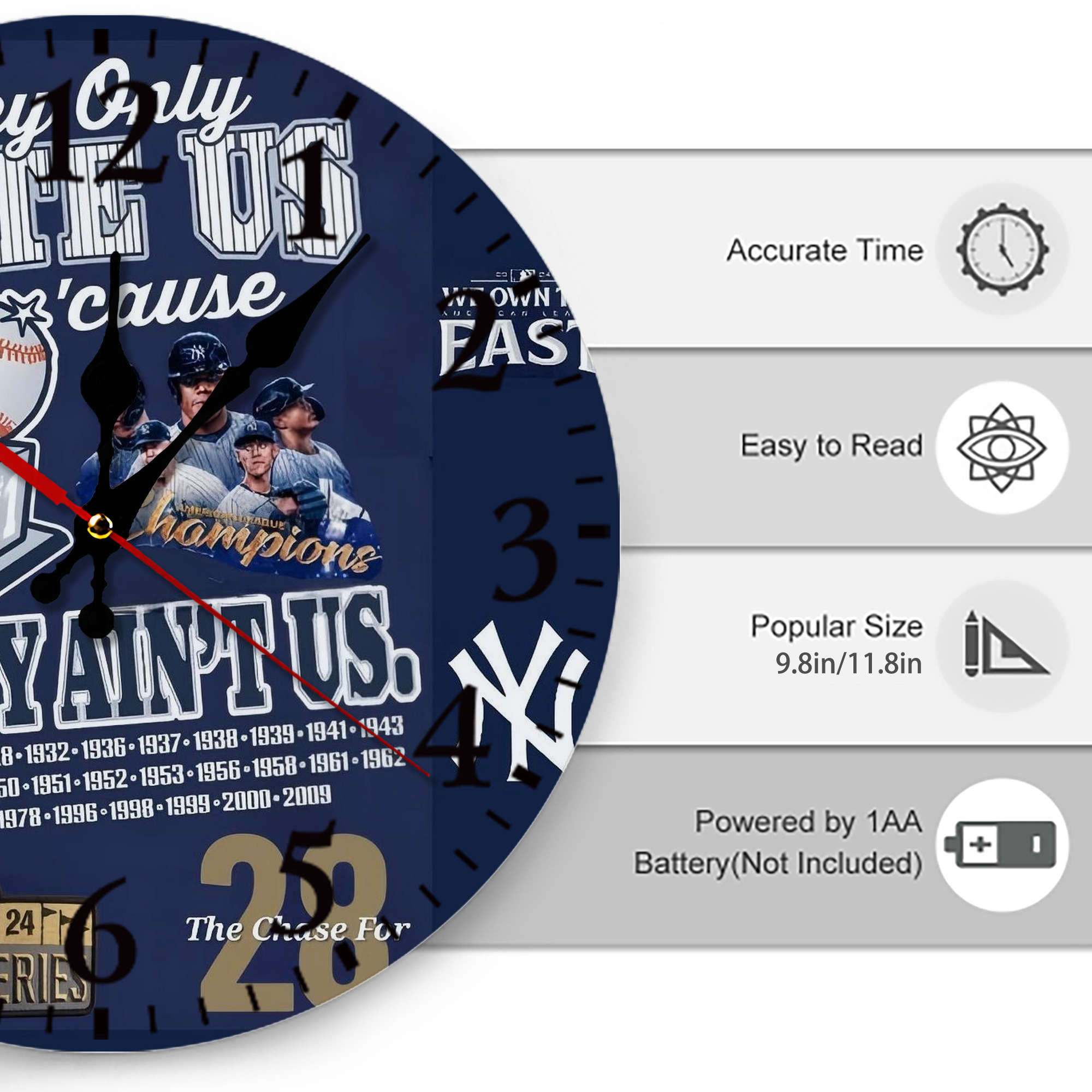 New York Yankees 358 Silent Round Wall Clock – Modern & Stylish DIY Design, Durable Wood Construction, Easy To Install – Perfect For Office, Bedroom, Living Room, And More