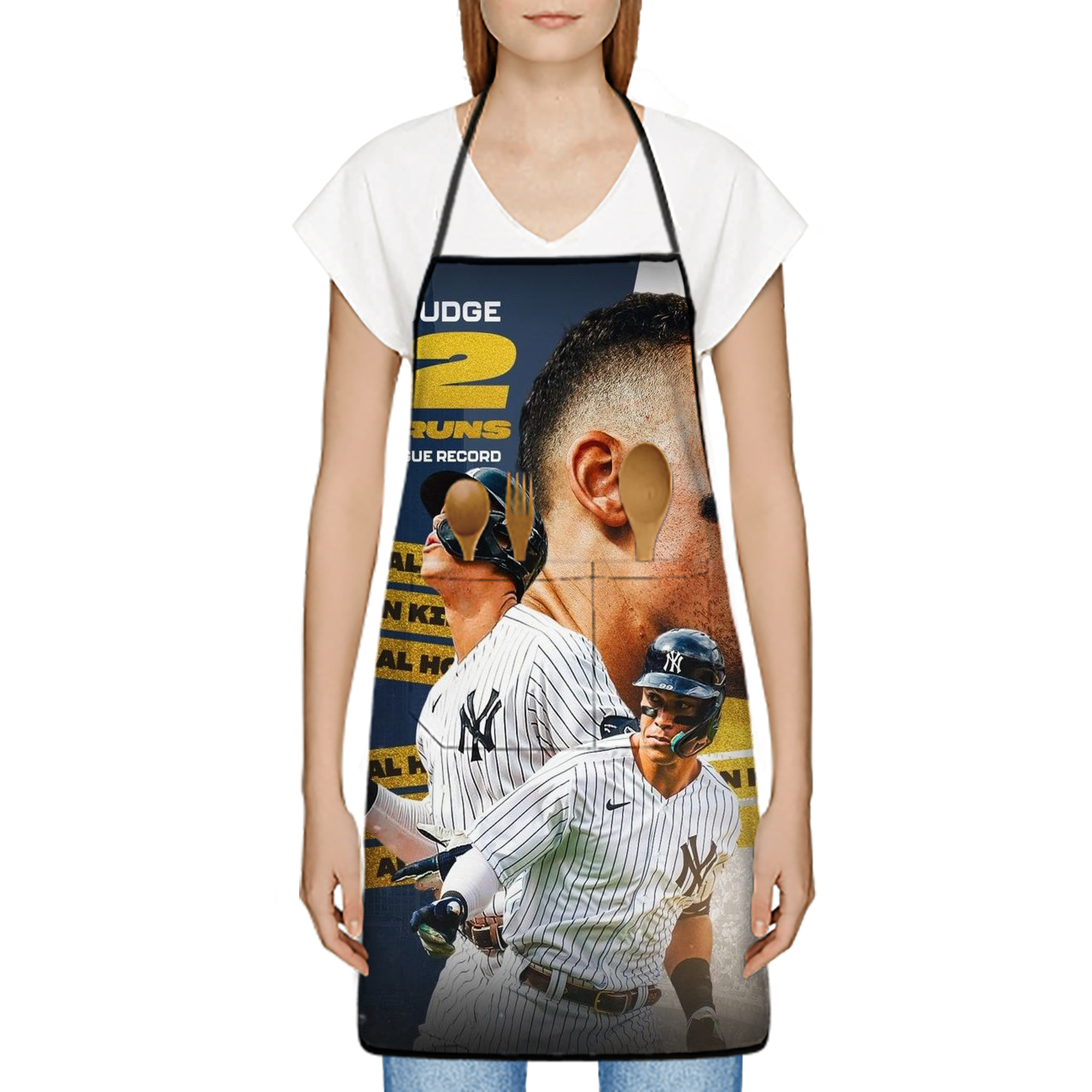 Aaron Judge  62 Home Runs AL Record Stain-Resistant Polyester Apron With Pocket – Full Print, Waterproof, Anti-Wrinkle, Anti-Pilling – Ideal For Kitchen, BBQ, Restaurant, Salon & More