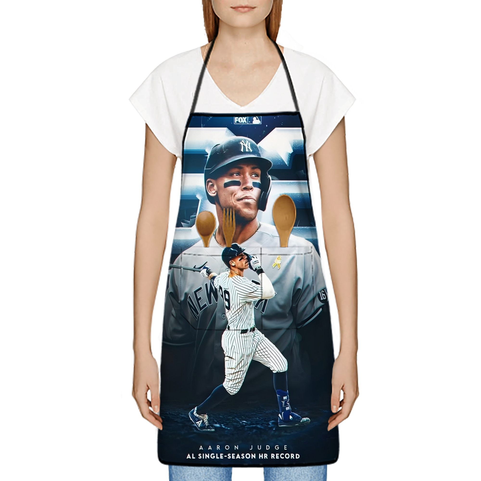 Aaron Judge AL Single Season 62  Home Run Record Stain-Resistant Polyester Apron With Pocket – Full Print, Waterproof, Anti-Wrinkle, Anti-Pilling – Ideal For Kitchen, BBQ, Restaurant, Salon & More