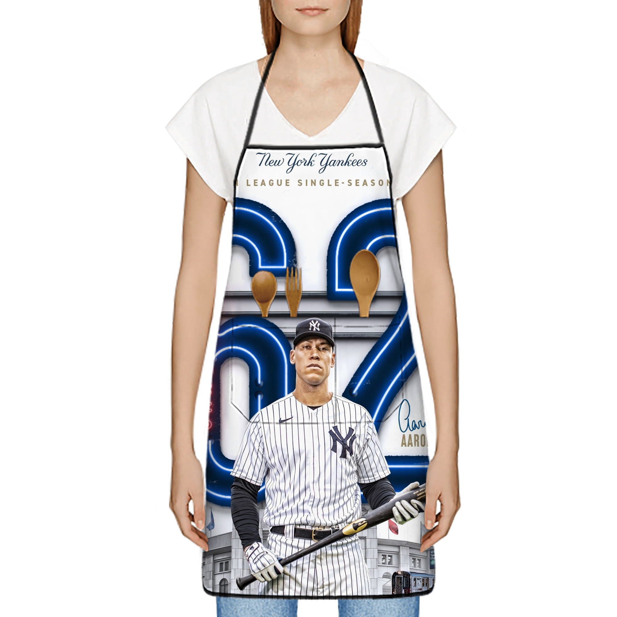 Aaron Judge AL Single Season 62  Home Run Record Stain-Resistant Polyester Apron With Pocket – Full Print, Waterproof, Anti-Wrinkle, Anti-Pilling – Ideal For Kitchen, BBQ, Restaurant, Salon & More