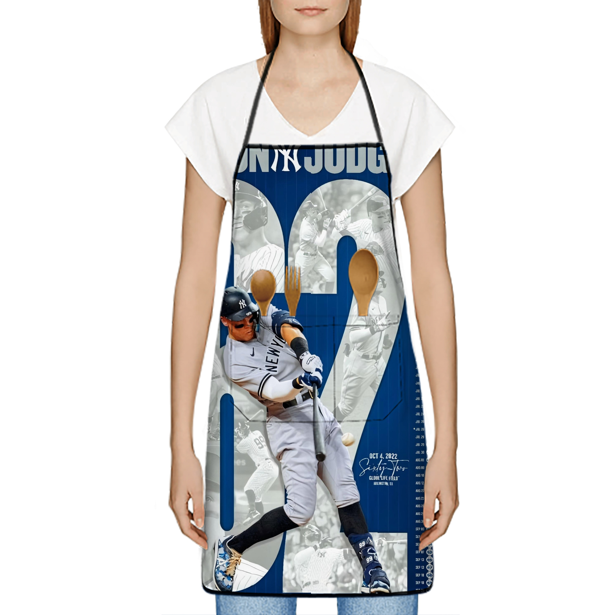 Aaron Judge AL Single Season 62  Home Run Record Stain-Resistant Polyester Apron With Pocket – Full Print, Waterproof, Anti-Wrinkle, Anti-Pilling – Ideal For Kitchen, BBQ, Restaurant, Salon & More