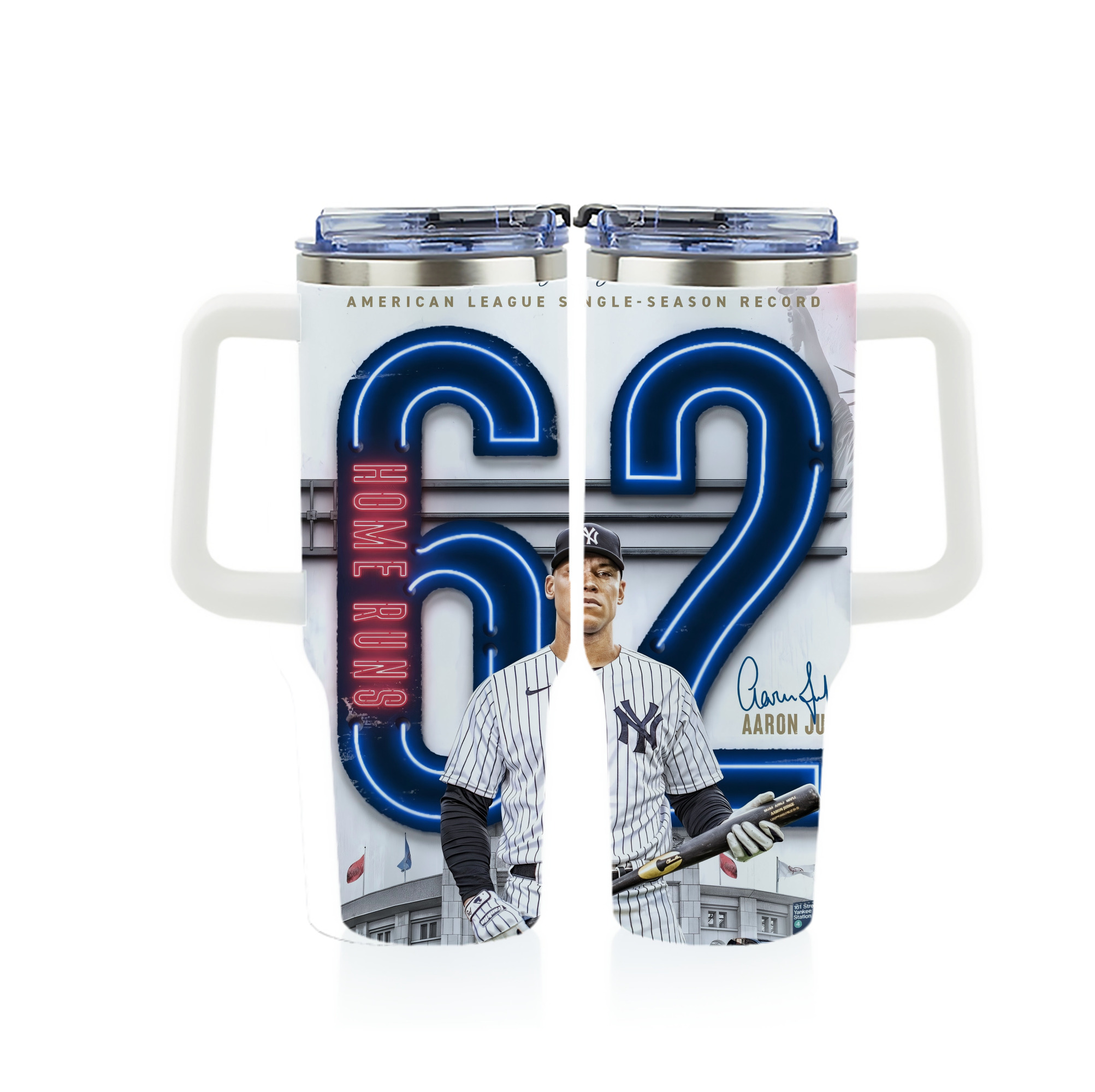 Aaron Judge AL Single Season 62  Home Run Record 40oz Full Wrap Car Tumbler – Durable Stainless Steel Travel Mug With Vibrant UV Print – Double Wall Insulated, Fits Most Car Cup Holders