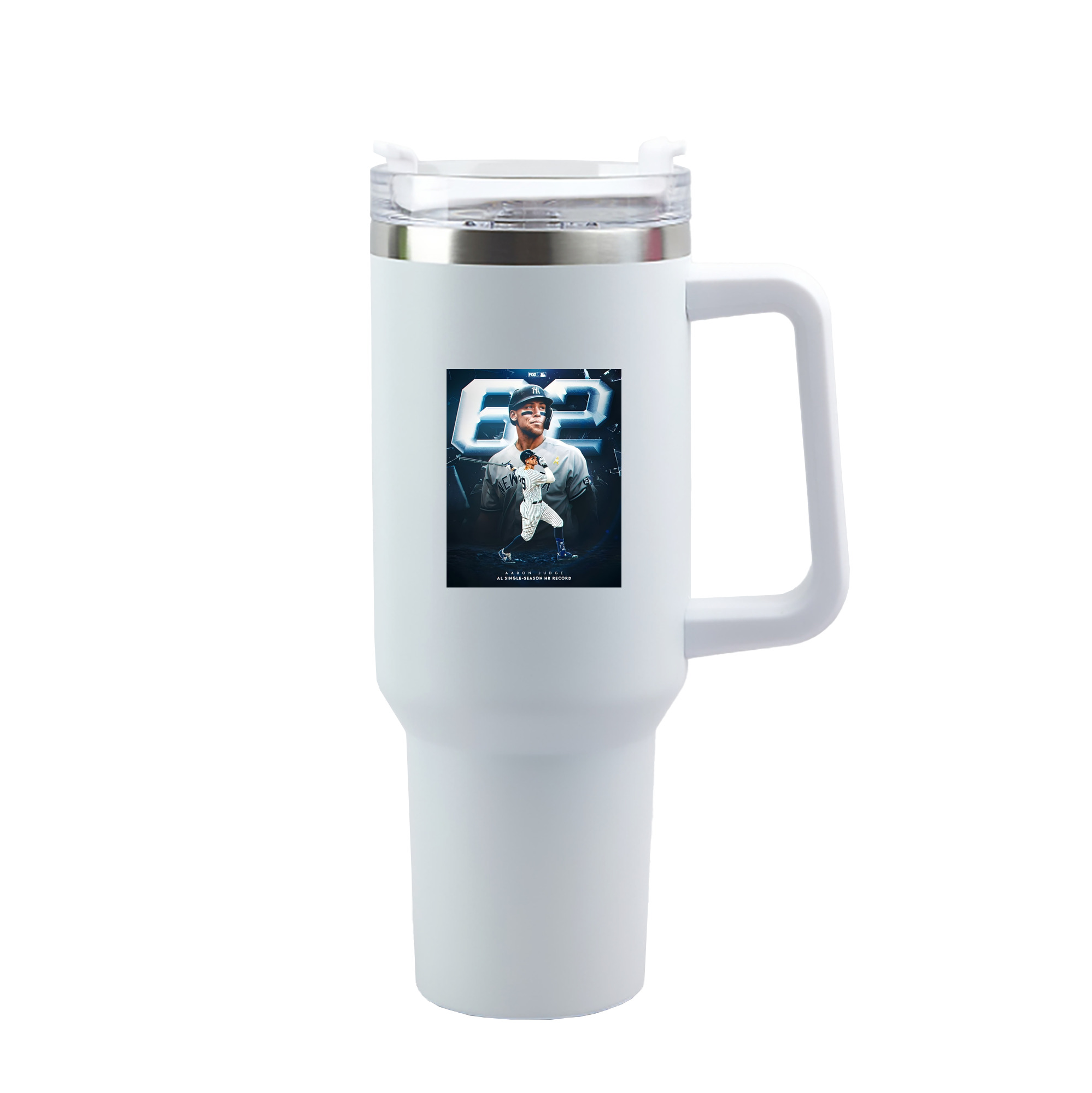 Aaron Judge AL Single Season 62  Home Run Record 40oz Handle Car Tumbler – Durable Stainless Steel Travel Mug With UV Print – Double Wall Insulated, Fits Most Car Cup Holders