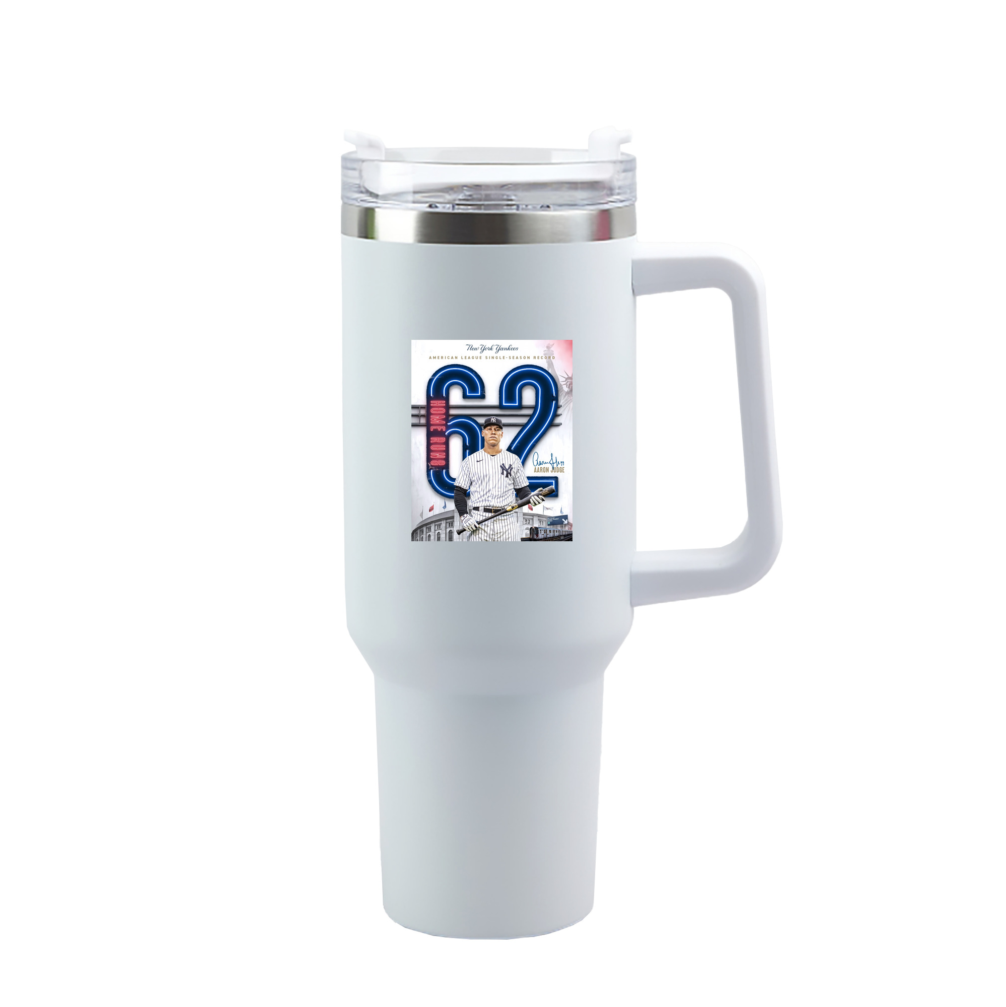 Aaron Judge AL Single Season 62  Home Run Record 40oz Handle Car Tumbler – Durable Stainless Steel Travel Mug With UV Print – Double Wall Insulated, Fits Most Car Cup Holders