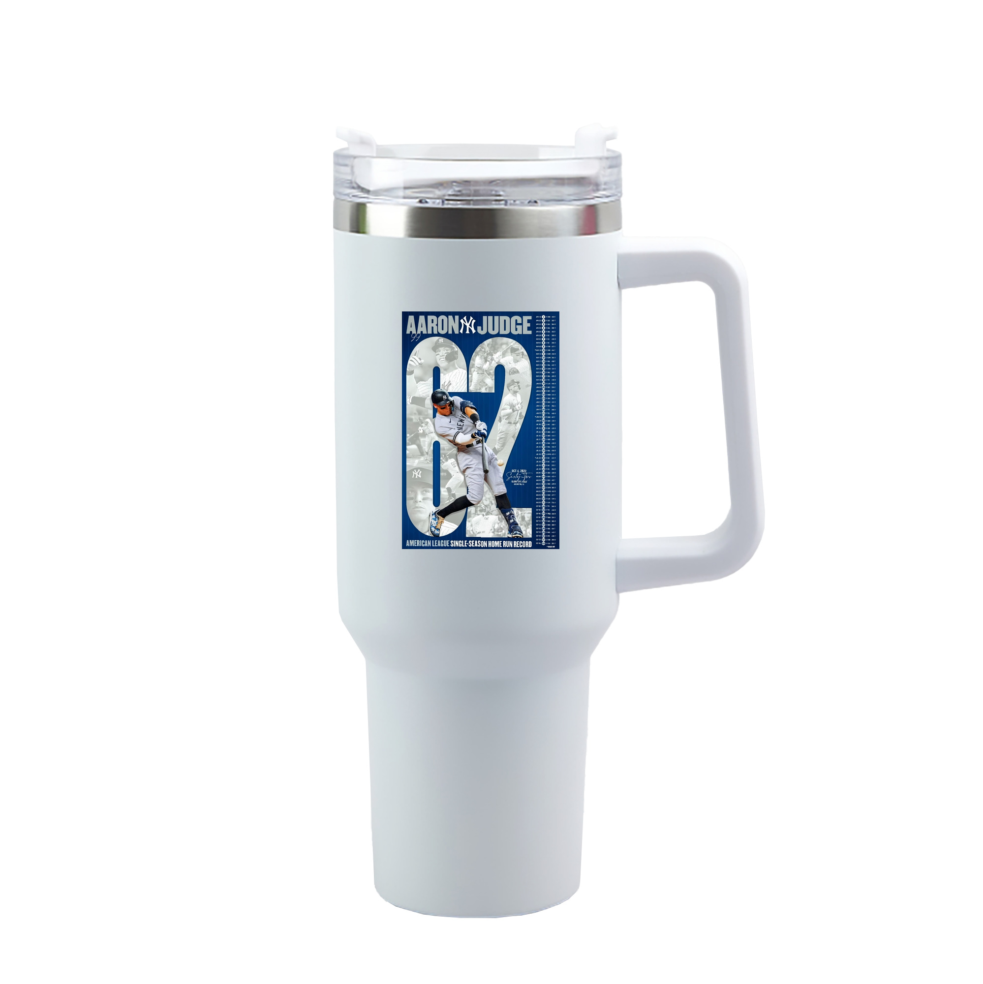 Aaron Judge AL Single Season 62  Home Run Record 40oz Handle Car Tumbler – Durable Stainless Steel Travel Mug With UV Print – Double Wall Insulated, Fits Most Car Cup Holders