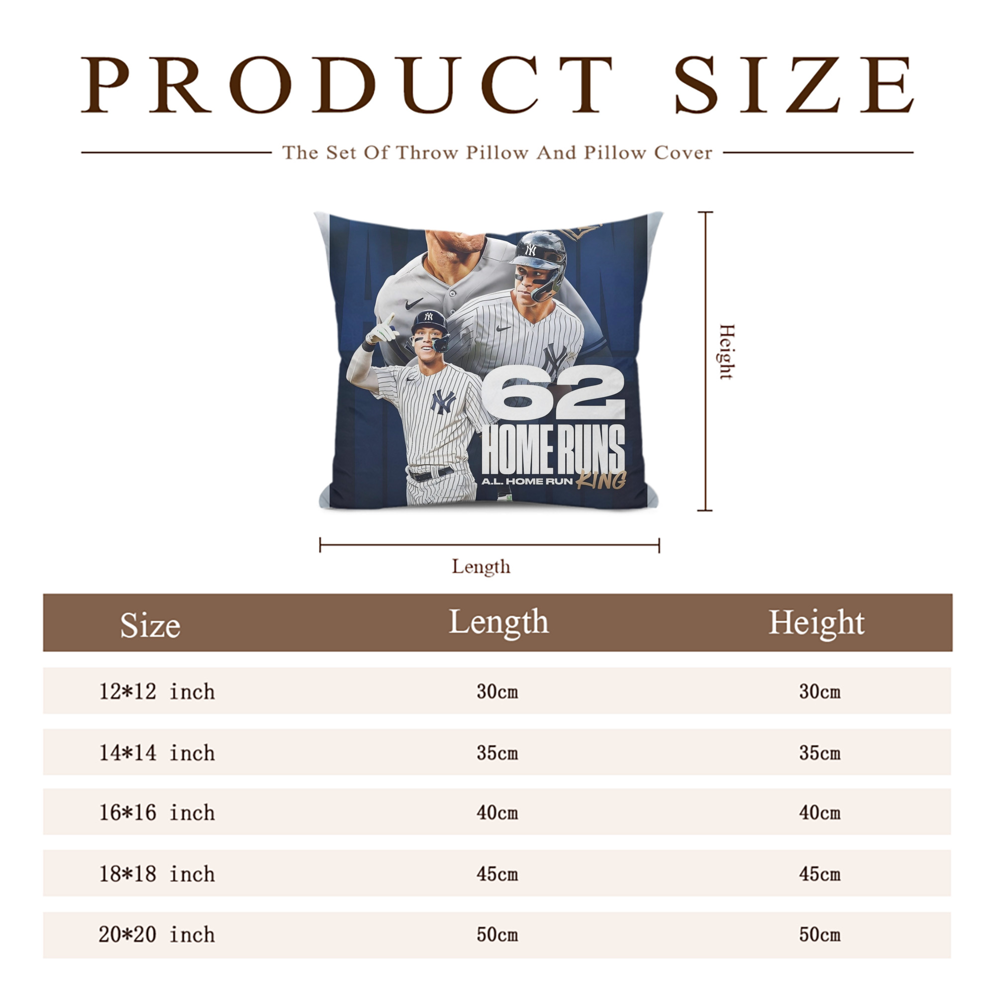 Aaron Judge 62 Home Runs AL Home Run King Soft Polyester Pillow Cover With Insert – Double-Sided Design, Invisible Zipper, Durable & Breathable – Easy Care Cushion Set