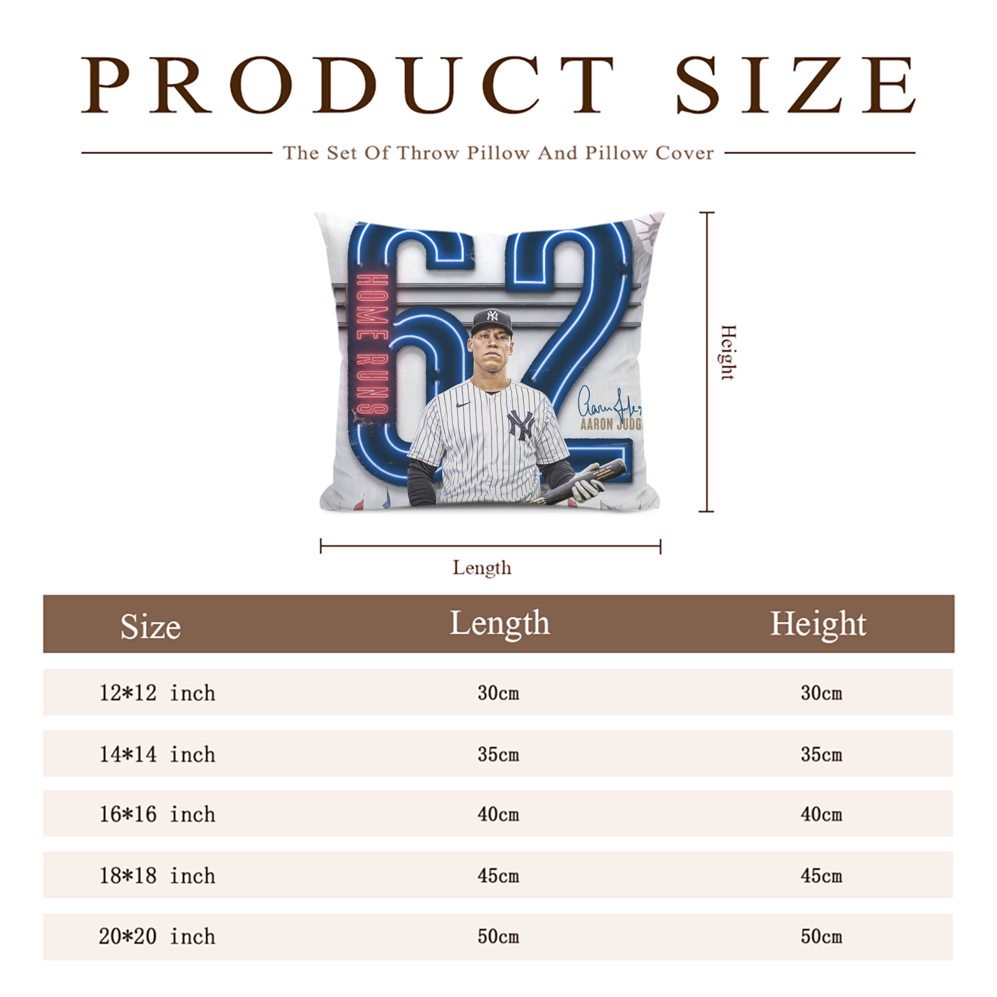 Aaron Judge AL Single Season 62  Home Run Record Soft Polyester Pillow Cover With Insert – Double-Sided Design, Invisible Zipper, Durable & Breathable – Easy Care Cushion Set