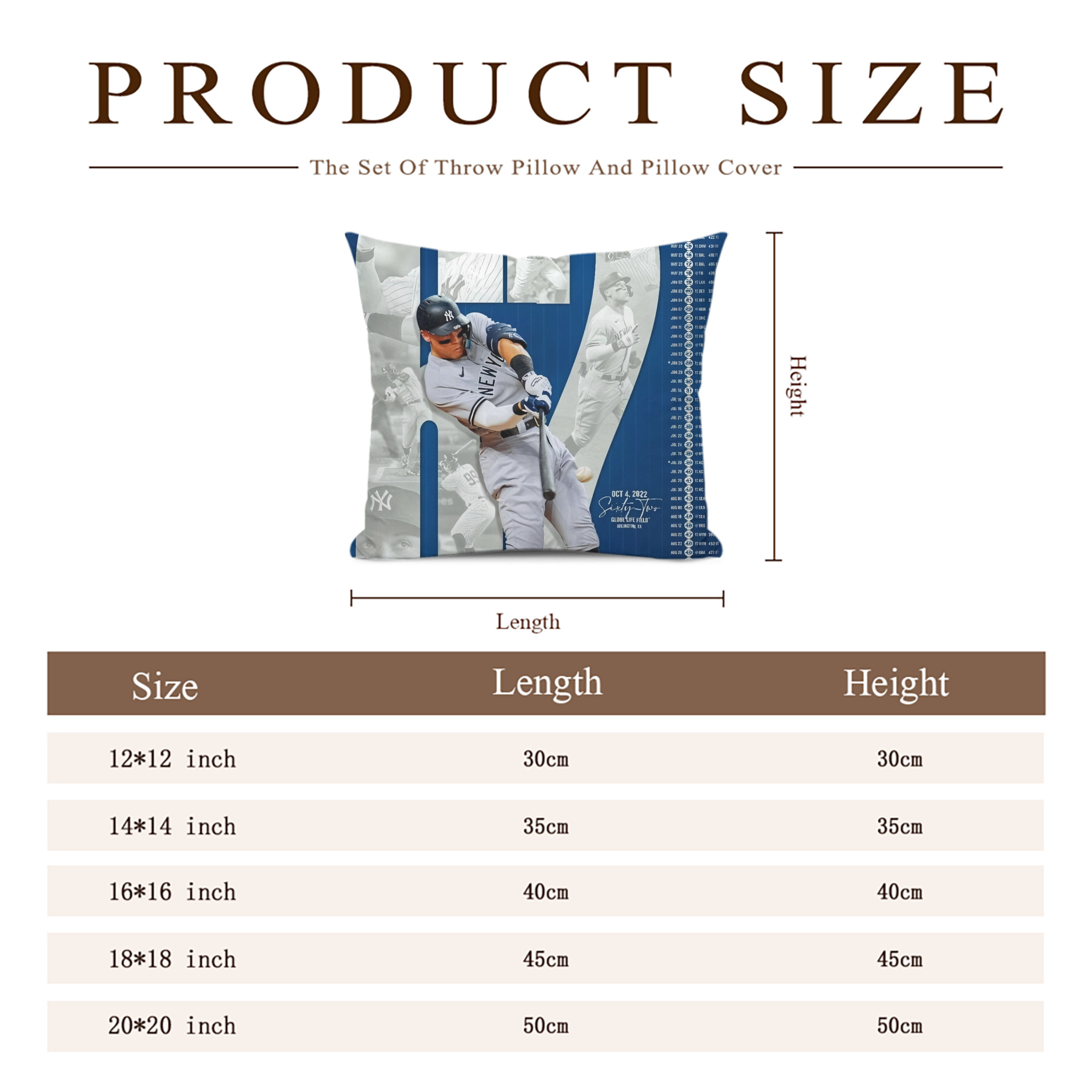 Aaron Judge AL Single Season 62  Home Run Record Soft Polyester Pillow Cover With Insert – Double-Sided Design, Invisible Zipper, Durable & Breathable – Easy Care Cushion Set