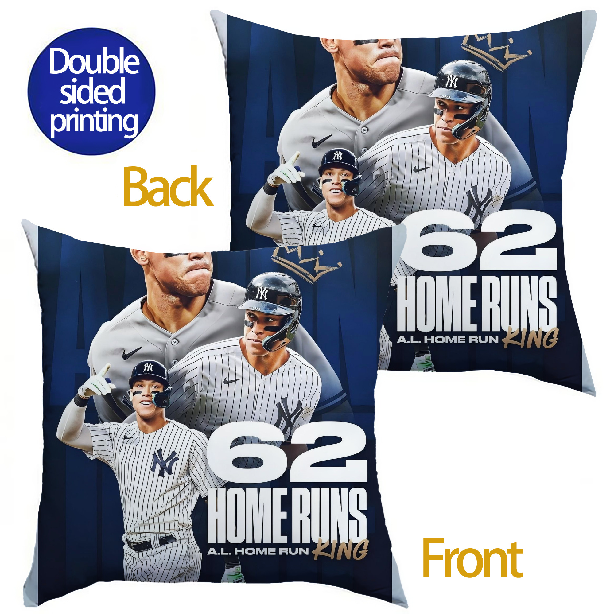 Aaron Judge 62 Home Runs AL Home Run King Soft Polyester Pillow Cover With Insert – Double-Sided Design, Invisible Zipper, Durable & Breathable – Easy Care Cushion Set