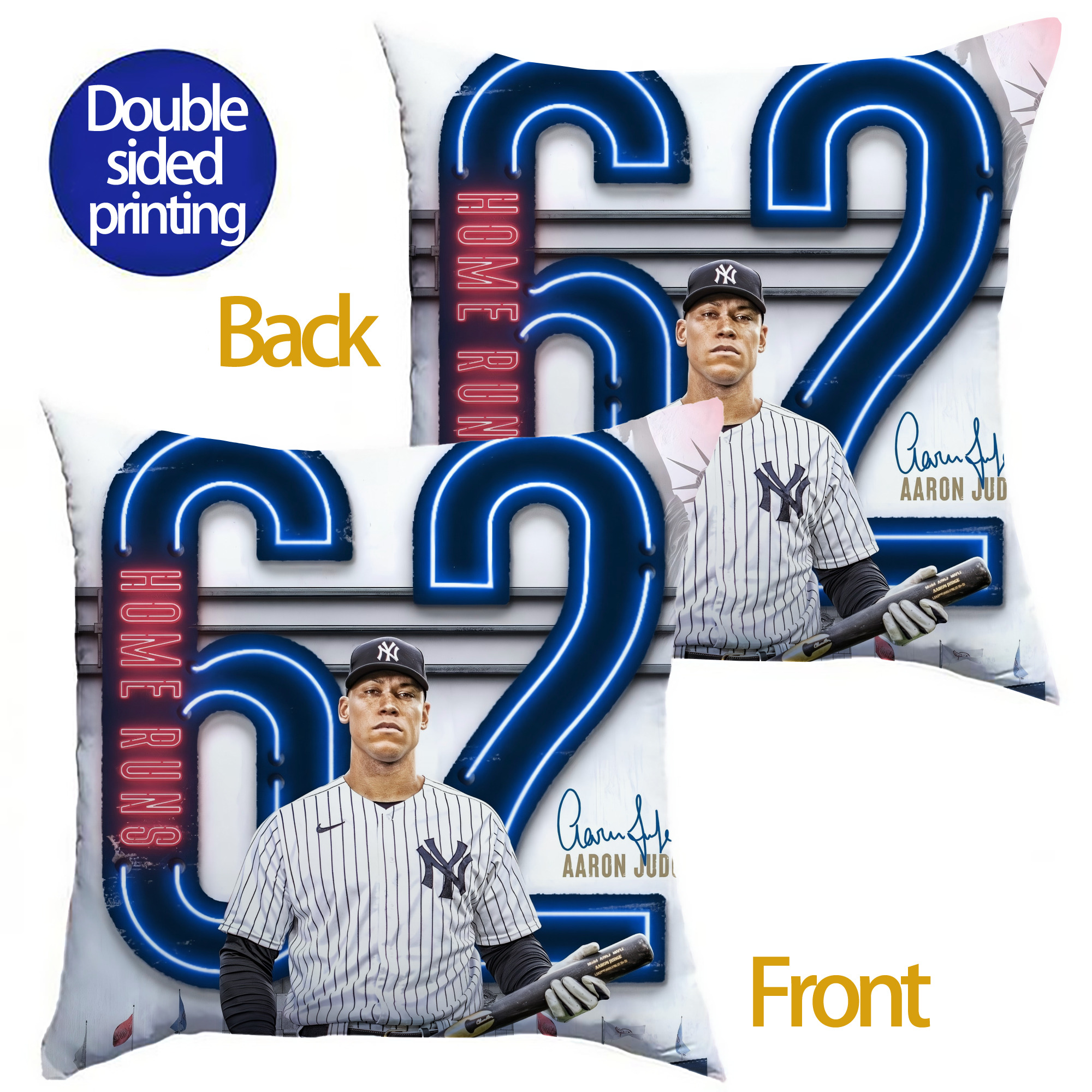 Aaron Judge AL Single Season 62  Home Run Record Soft Polyester Pillow Cover With Insert – Double-Sided Design, Invisible Zipper, Durable & Breathable – Easy Care Cushion Set