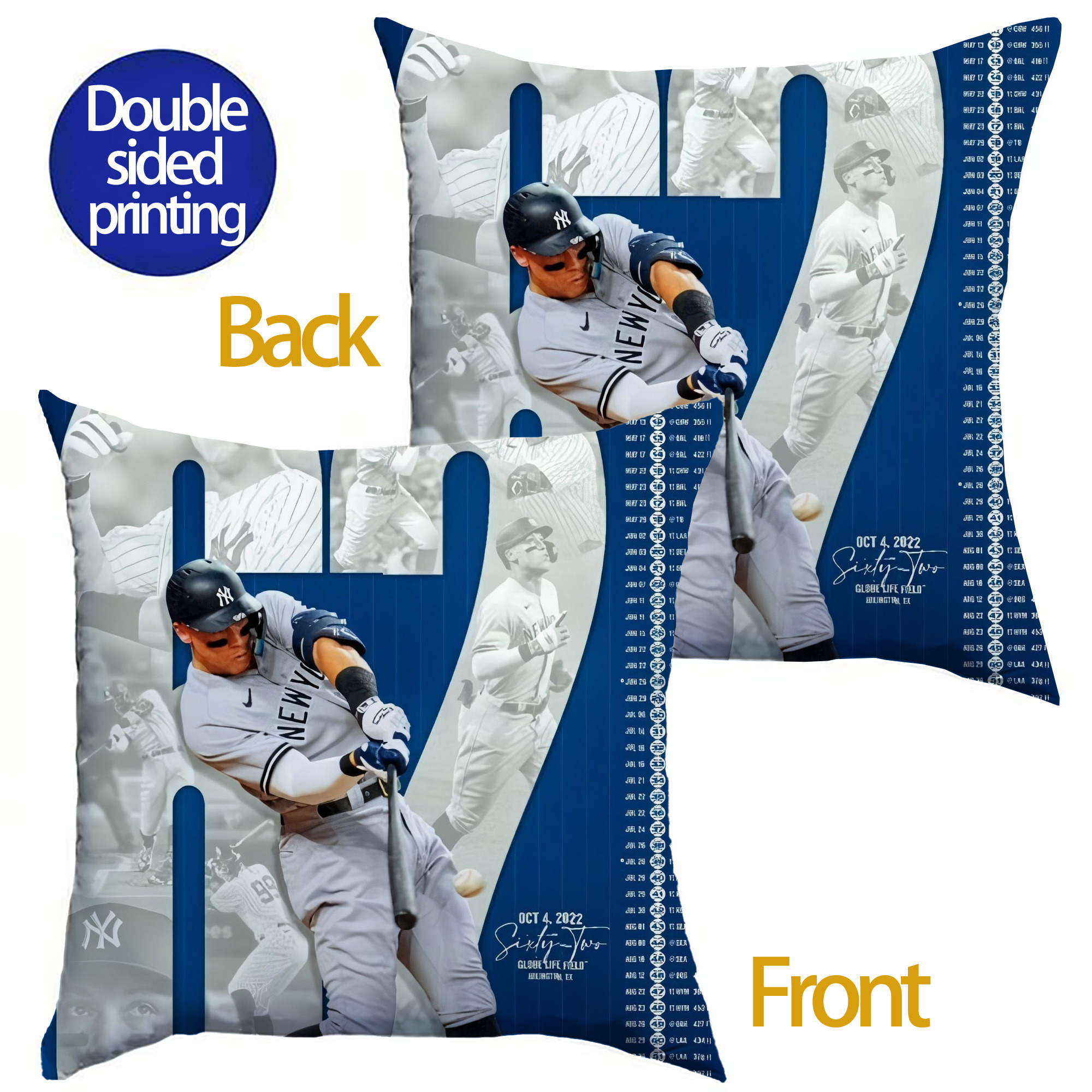 Aaron Judge AL Single Season 62  Home Run Record Soft Polyester Pillow Cover With Insert – Double-Sided Design, Invisible Zipper, Durable & Breathable – Easy Care Cushion Set