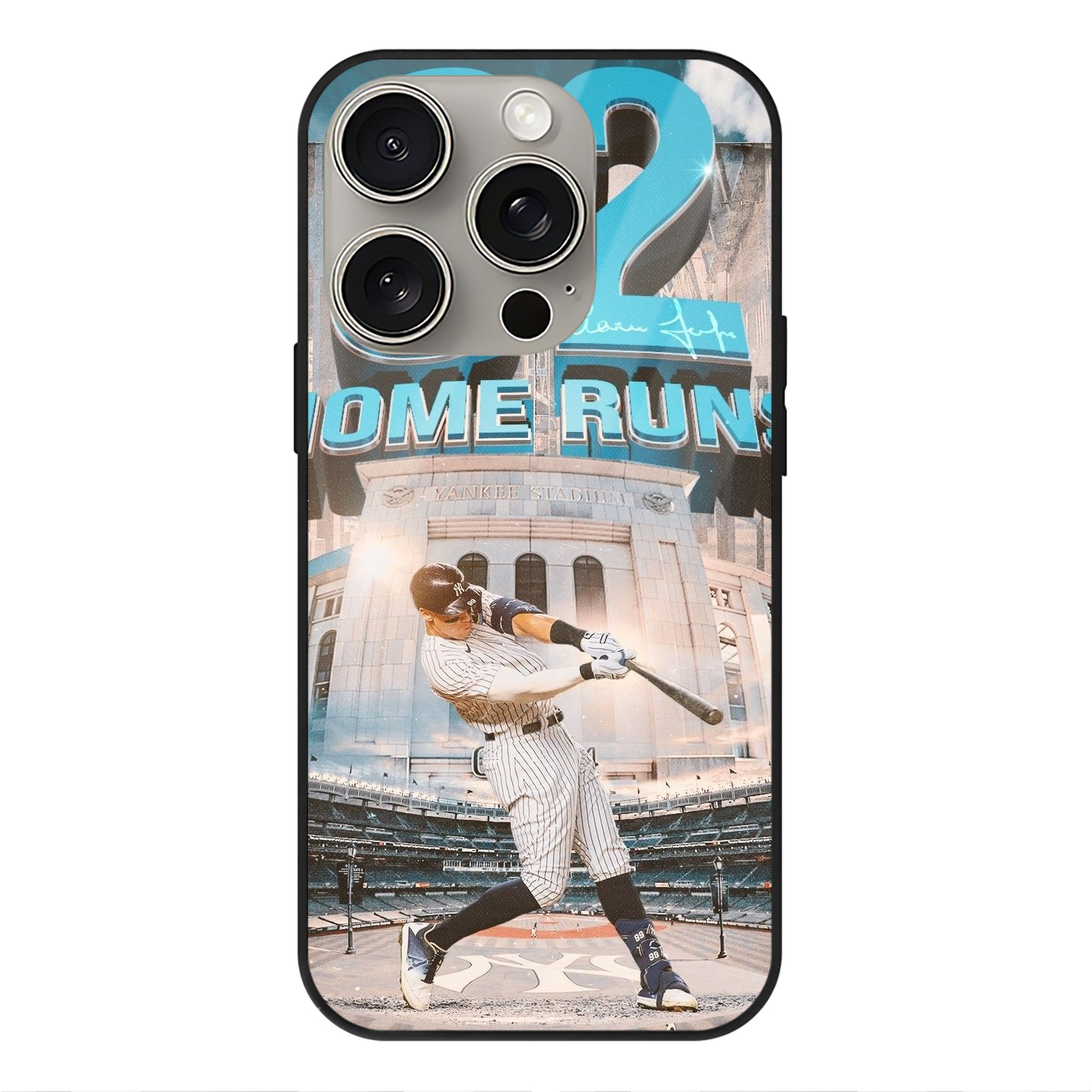 Aaron Judge 62 Home Runs IPhone 15 Pro Mirror Phone Case – UV Printed Glass + TPU – Scratch-Resistant, Wireless Charging Compatible, Precise Fit & Stylish Design
