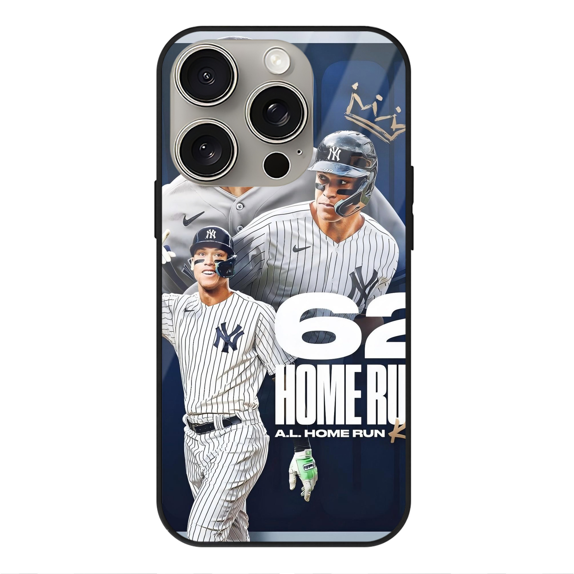 Aaron Judge 62 Home Runs AL Home Run King IPhone 15 Pro Mirror Phone Case – UV Printed Glass + TPU – Scratch-Resistant, Wireless Charging Compatible, Precise Fit & Stylish Design