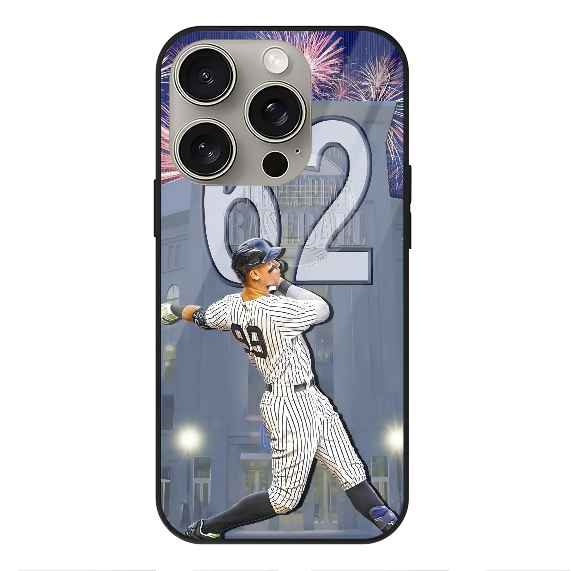 Aaron Judge 62 Home Runs Record IPhone 15 Pro Mirror Phone Case – UV Printed Glass + TPU – Scratch-Resistant, Wireless Charging Compatible, Precise Fit & Stylish Design