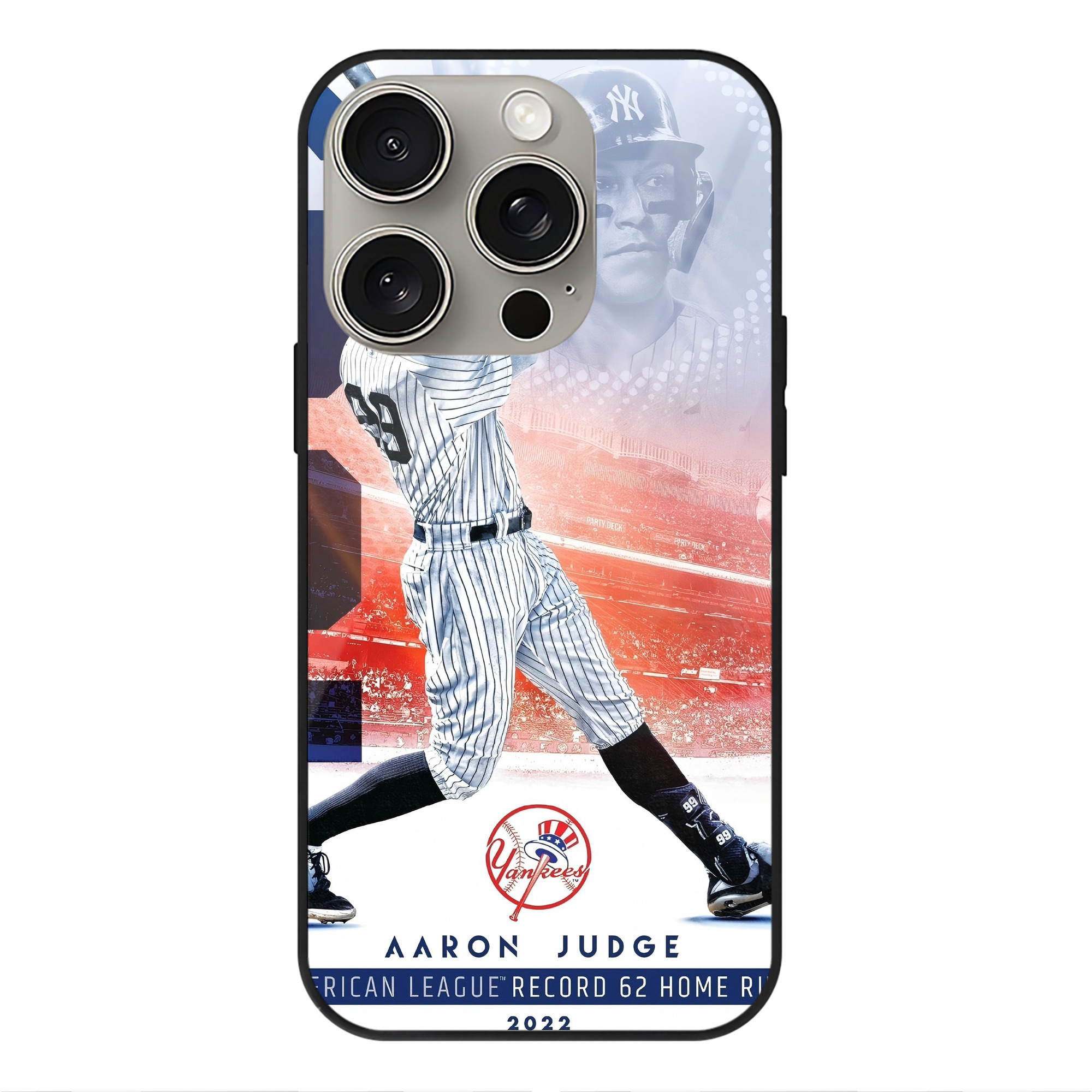Aaron Judge 62nd Home Run IPhone 15 Pro Mirror Phone Case – UV Printed Glass + TPU – Scratch-Resistant, Wireless Charging Compatible, Precise Fit & Stylish Design