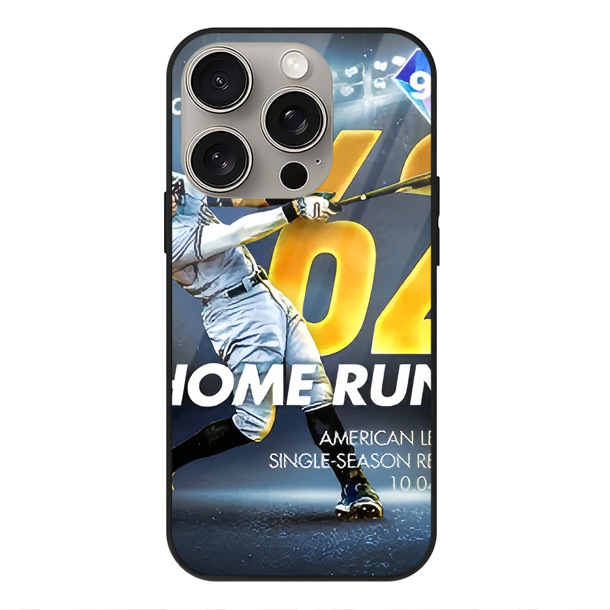 Aaron Judge 62nd Home Run Milestone IPhone 15 Pro Mirror Phone Case – UV Printed Glass + TPU – Scratch-Resistant, Wireless Charging Compatible, Precise Fit & Stylish Design