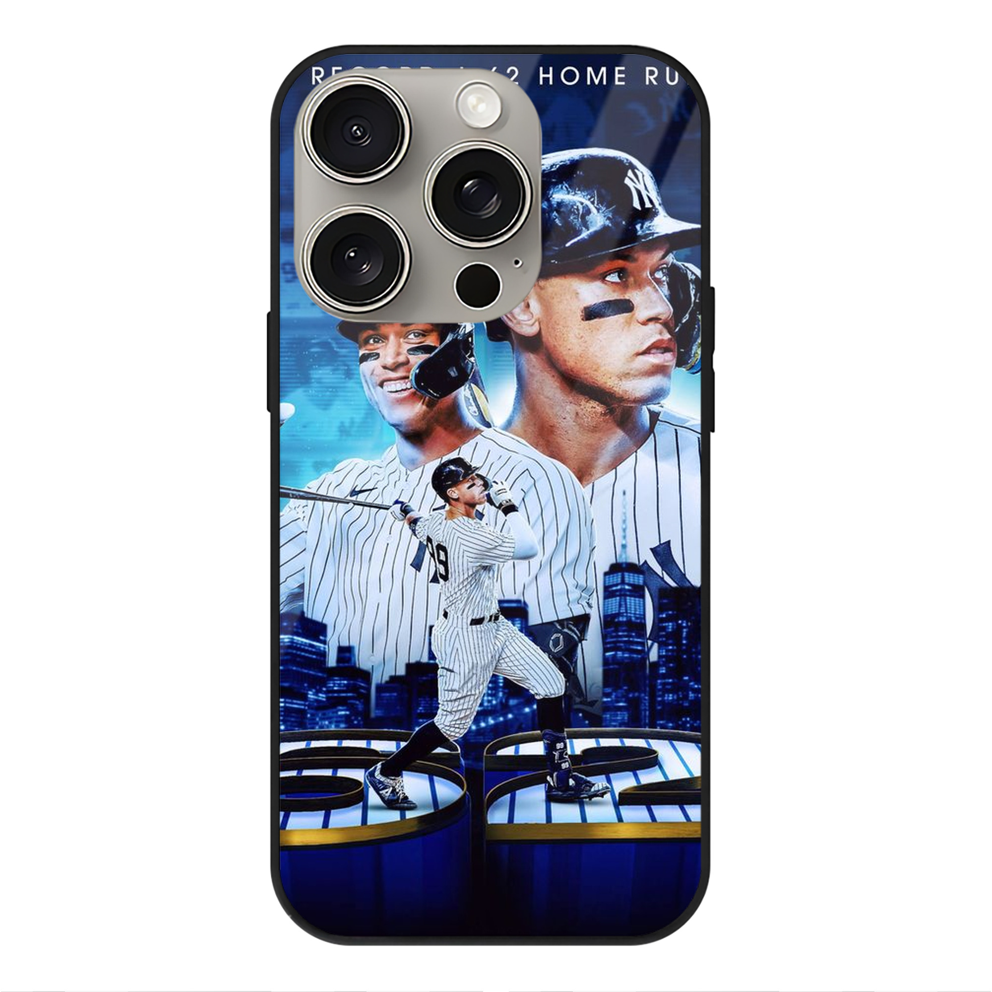 Aaron Judge AL Record 62 Home Runs IPhone 15 Pro Mirror Phone Case – UV Printed Glass + TPU – Scratch-Resistant, Wireless Charging Compatible, Precise Fit & Stylish Design