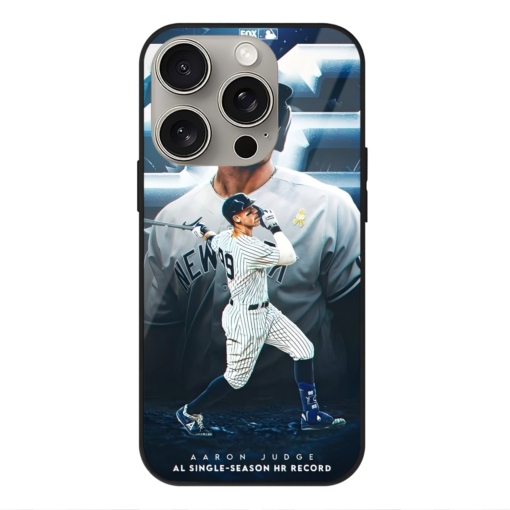 Aaron Judge AL Single Season 62  Home Run Record IPhone 15 Pro Mirror Phone Case – UV Printed Glass + TPU – Scratch-Resistant, Wireless Charging Compatible, Precise Fit & Stylish Design