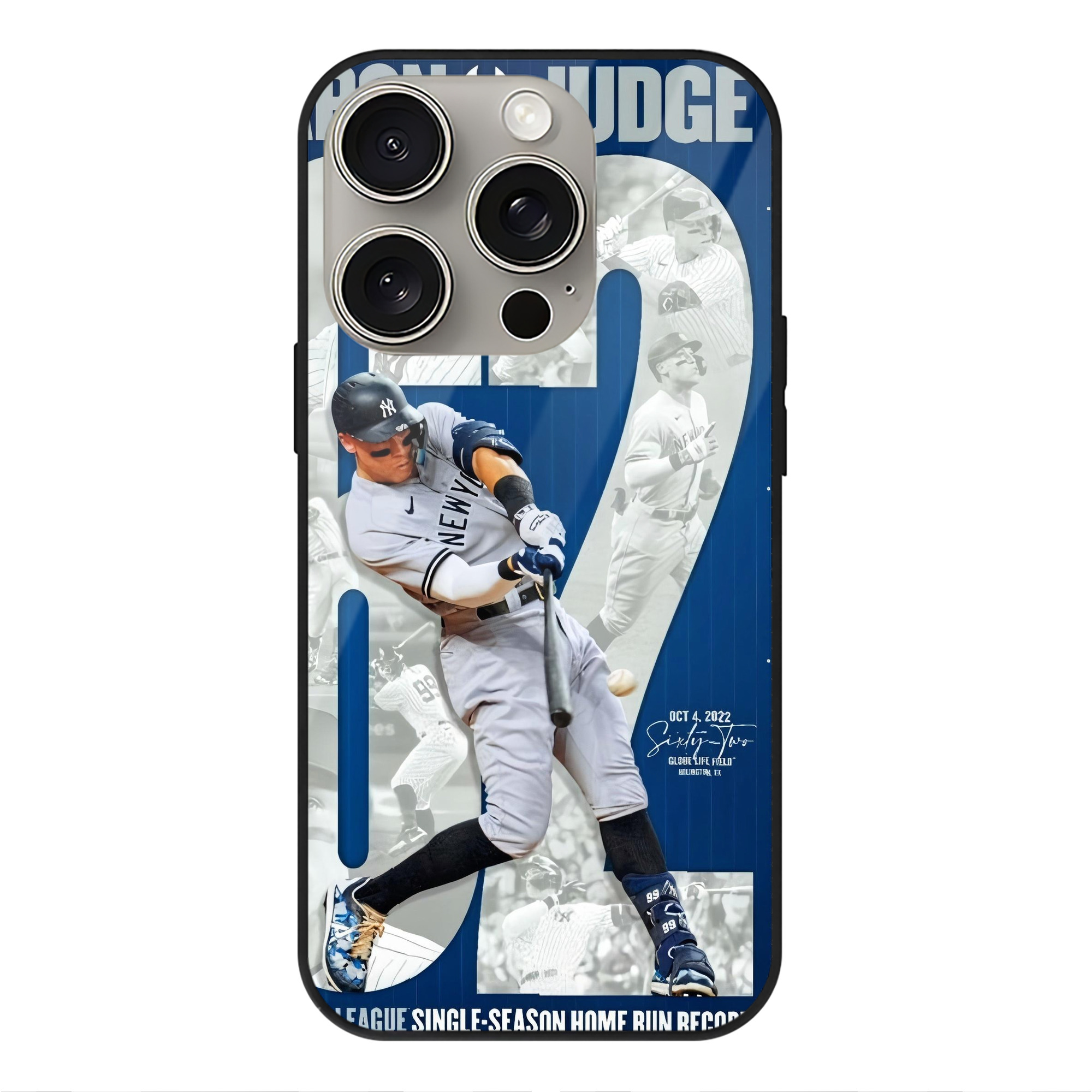 Aaron Judge AL Single Season 62  Home Run Record IPhone 15 Pro Mirror Phone Case – UV Printed Glass + TPU – Scratch-Resistant, Wireless Charging Compatible, Precise Fit & Stylish Design