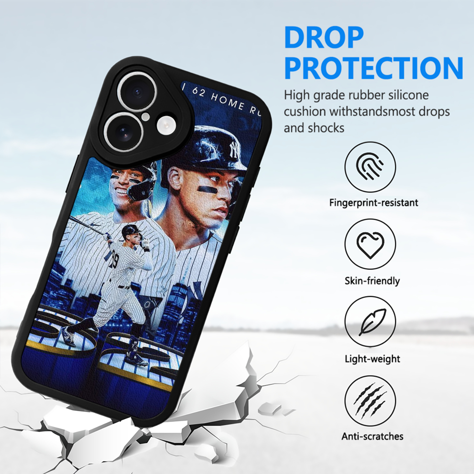 Aaron Judge AL Record 62 Home Runs IPhone 16 Silicone Leather Case – UV Print, Lambskin Texture – Perfect Fit, Wireless Charging Compatible, Scratch Resistant, Precise Cutouts – Stylish Protection For IPhone 16