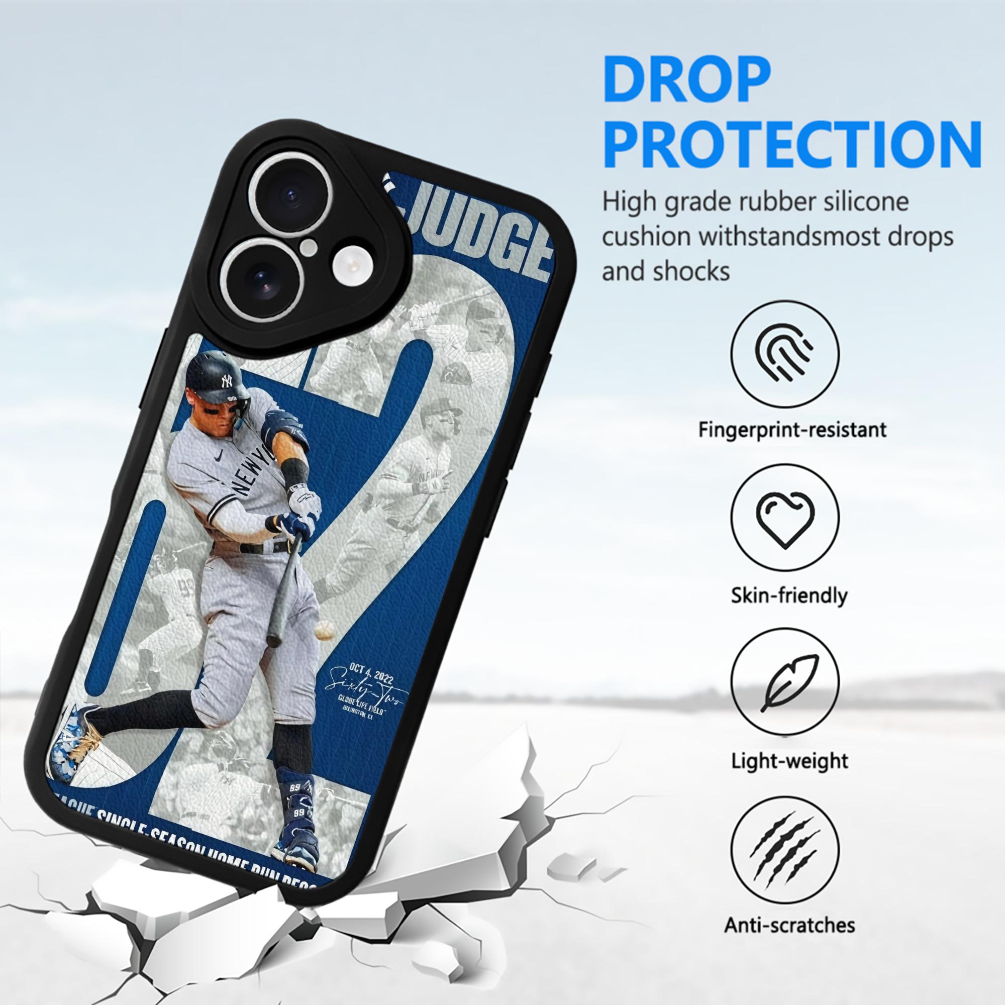 Aaron Judge AL Single Season 62  Home Run Record IPhone 16 Silicone Leather Case – UV Print, Lambskin Texture – Perfect Fit, Wireless Charging Compatible, Scratch Resistant, Precise Cutouts – Stylish Protection For IPhone 16