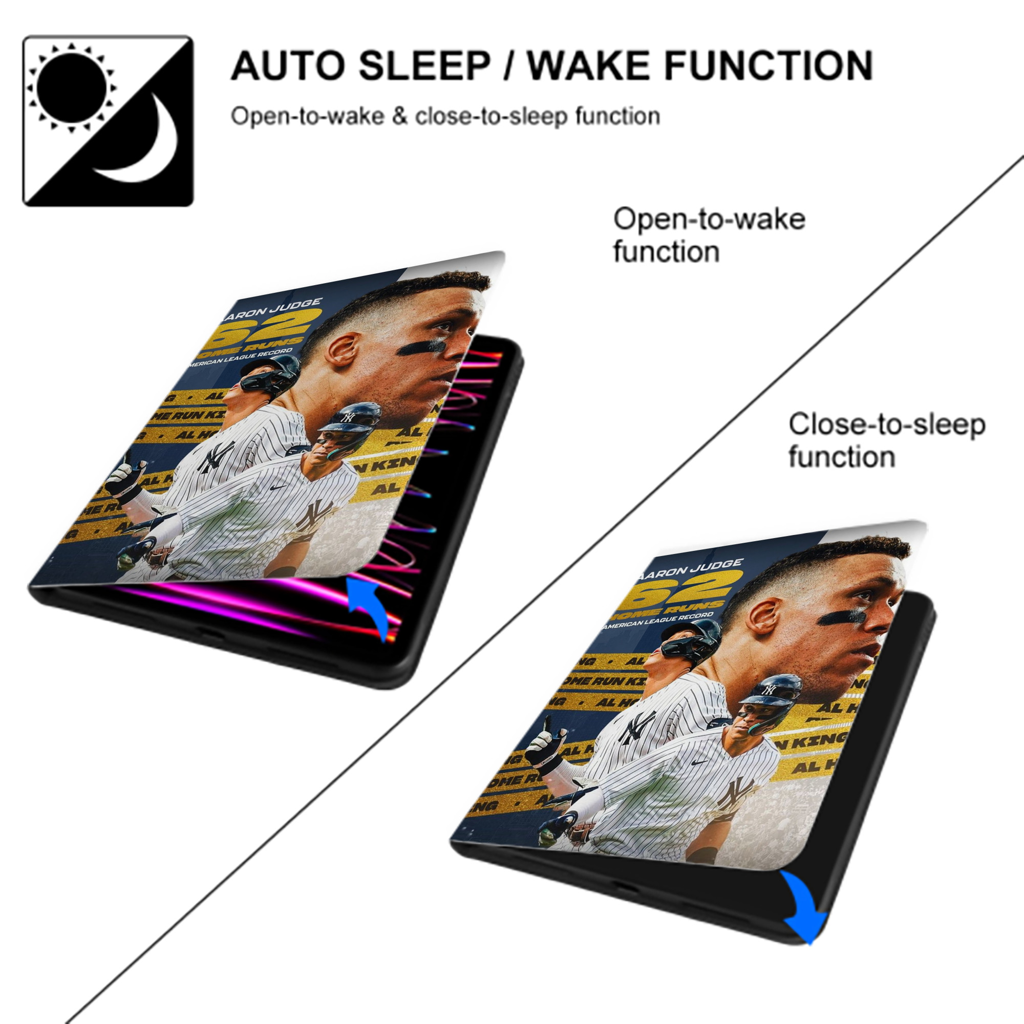 Aaron Judge  62 Home Runs AL Record Premium Tri-Fold PU Leather & Silicone IPad Case With Pencil Slot – Fits 9.5,10.5,10.9 – Adjustable Stand, Slim, Protective