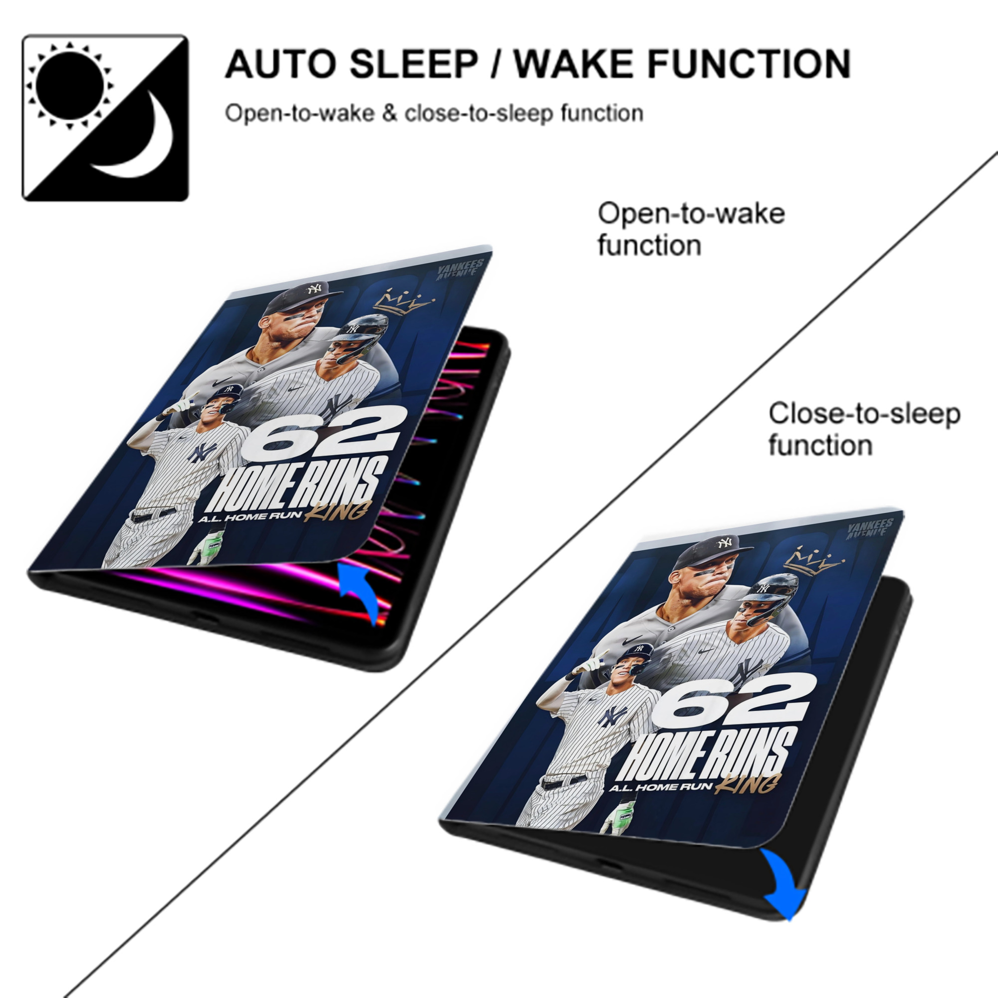 Aaron Judge 62 Home Runs AL Home Run King Premium Tri-Fold PU Leather & Silicone IPad Case With Pencil Slot – Fits 9.5,10.5,10.9 – Adjustable Stand, Slim, Protective