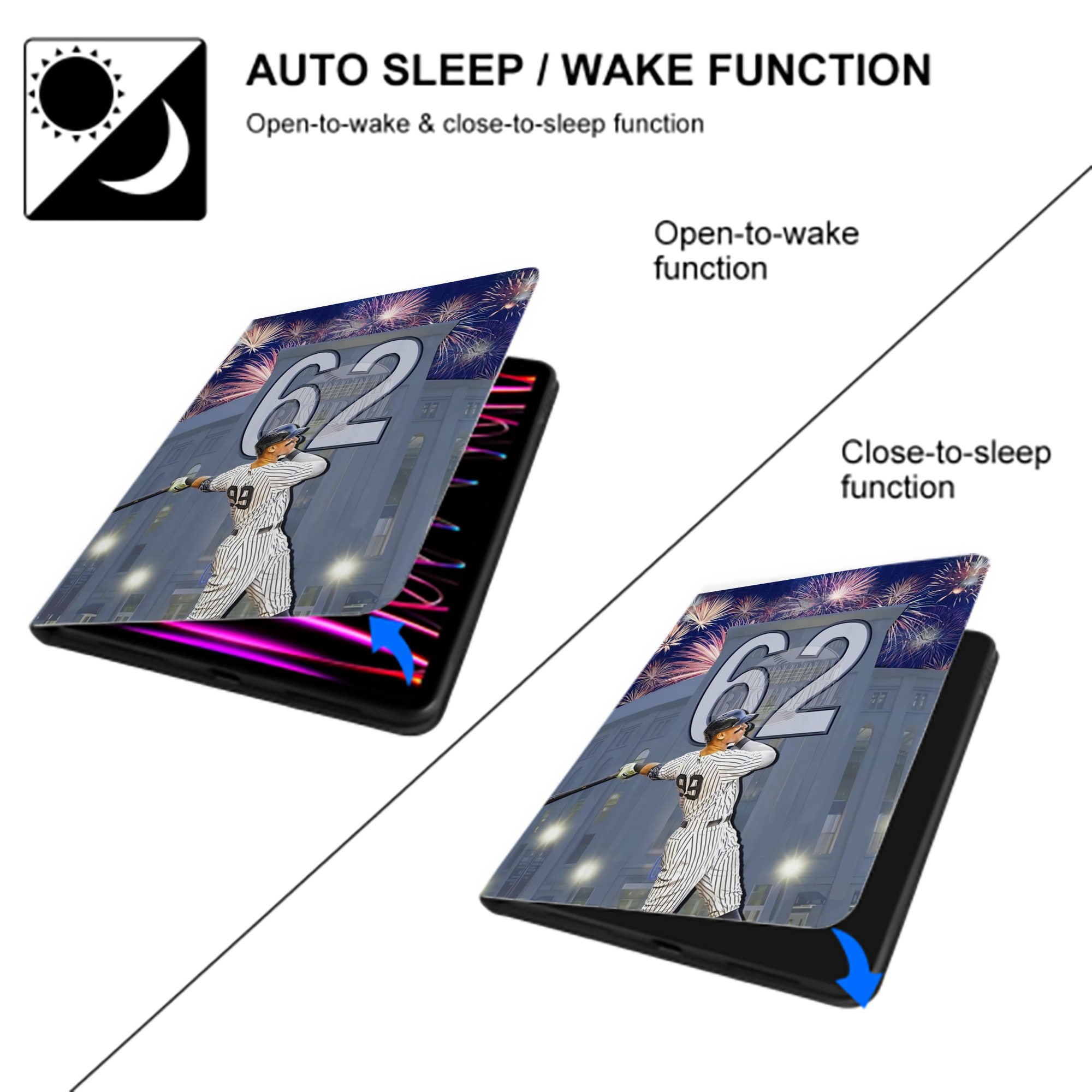 Aaron Judge 62 Home Runs Record Premium Tri-Fold PU Leather & Silicone IPad Case With Pencil Slot – Fits 9.5,10.5,10.9 – Adjustable Stand, Slim, Protective