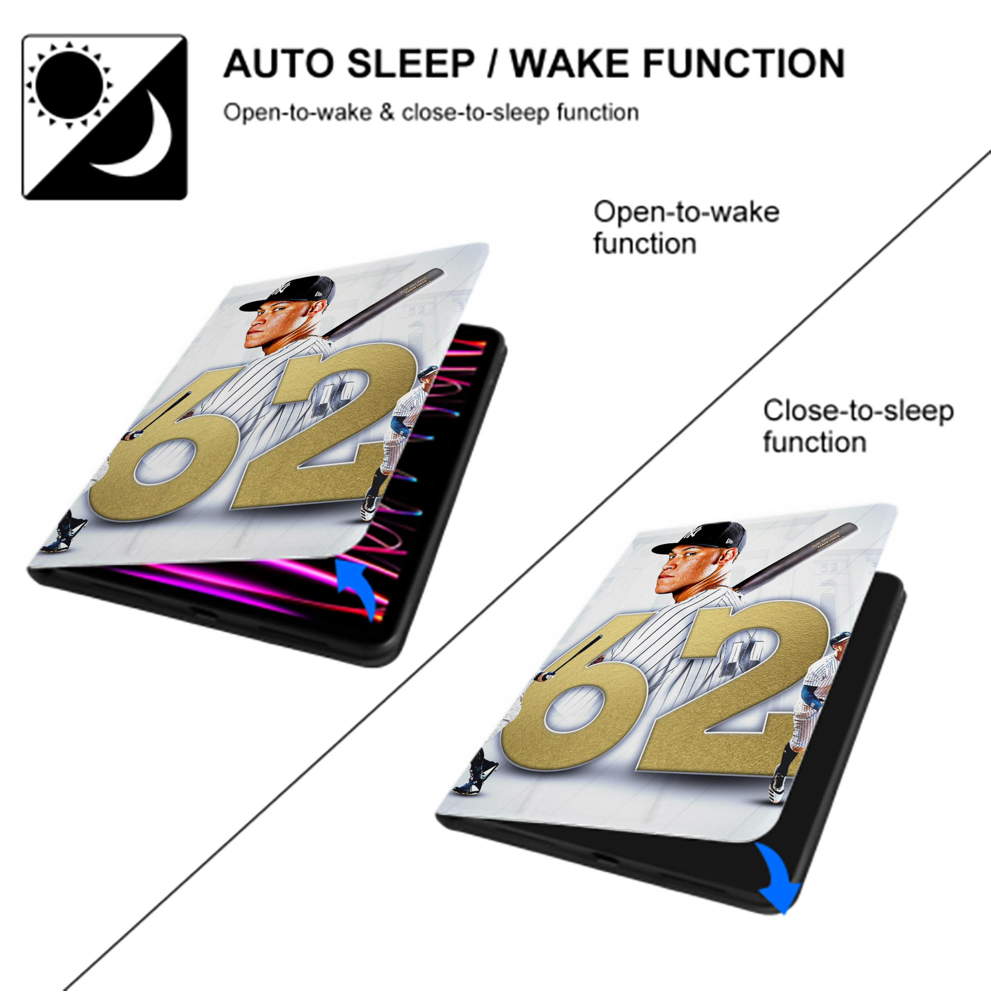 aaron judge 62nd home run Premium Tri-Fold PU Leather & Silicone IPad Case With Pencil Slot – Fits 9.5,10.5,10.9 – Adjustable Stand, Slim, Protective