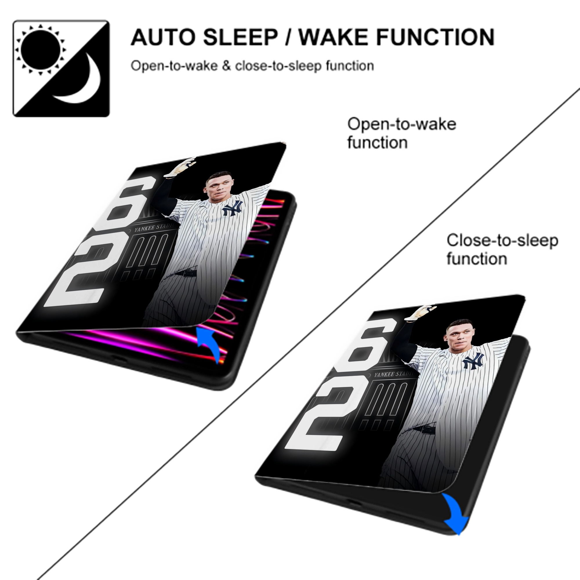 Aaron Judge 62nd Home Run Premium Tri-Fold PU Leather & Silicone IPad Case With Pencil Slot – Fits 9.5,10.5,10.9 – Adjustable Stand, Slim, Protective