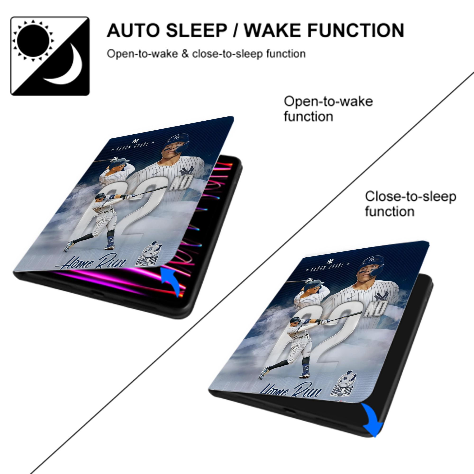Aaron Judge 62nd Home Run 10.4.2022 Premium Tri-Fold PU Leather & Silicone IPad Case With Pencil Slot – Fits 9.5,10.5,10.9 – Adjustable Stand, Slim, Protective