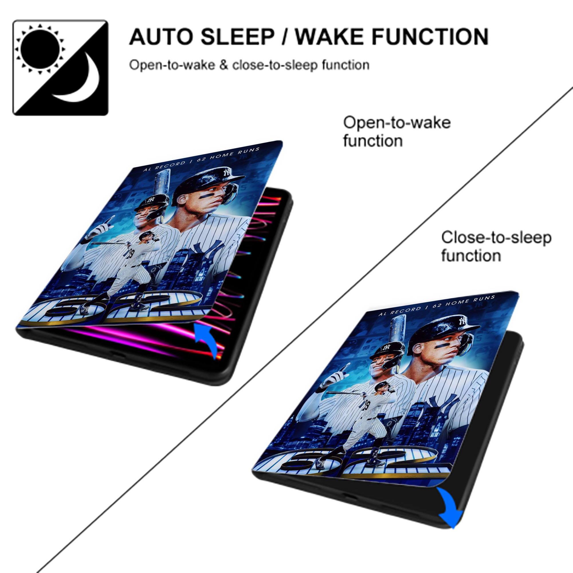 Aaron Judge AL Record 62 Home Runs Premium Tri-Fold PU Leather & Silicone IPad Case With Pencil Slot – Fits 9.5,10.5,10.9 – Adjustable Stand, Slim, Protective