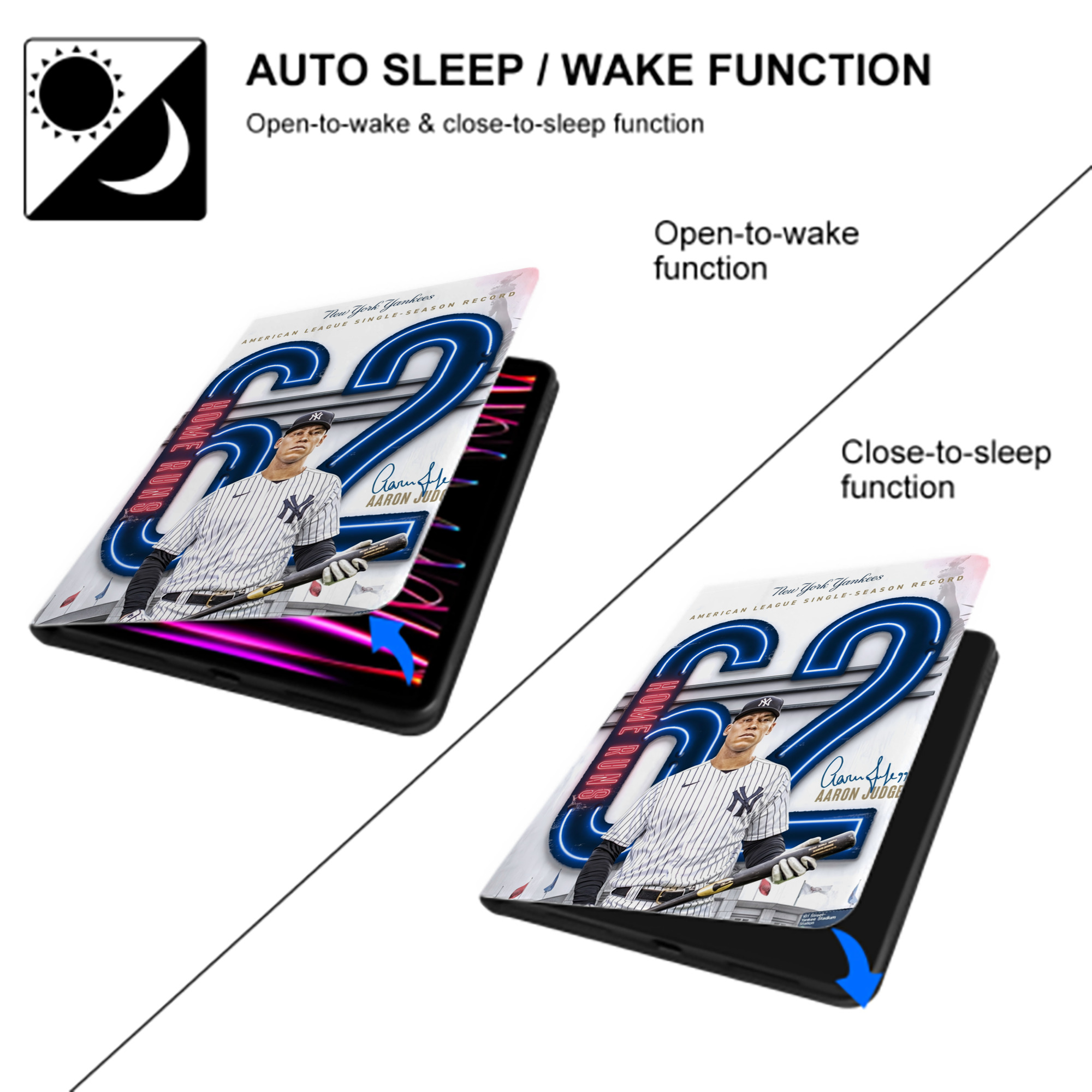 Aaron Judge AL Single Season 62  Home Run Record Premium Tri-Fold PU Leather & Silicone IPad Case With Pencil Slot – Fits 9.5,10.5,10.9 – Adjustable Stand, Slim, Protective