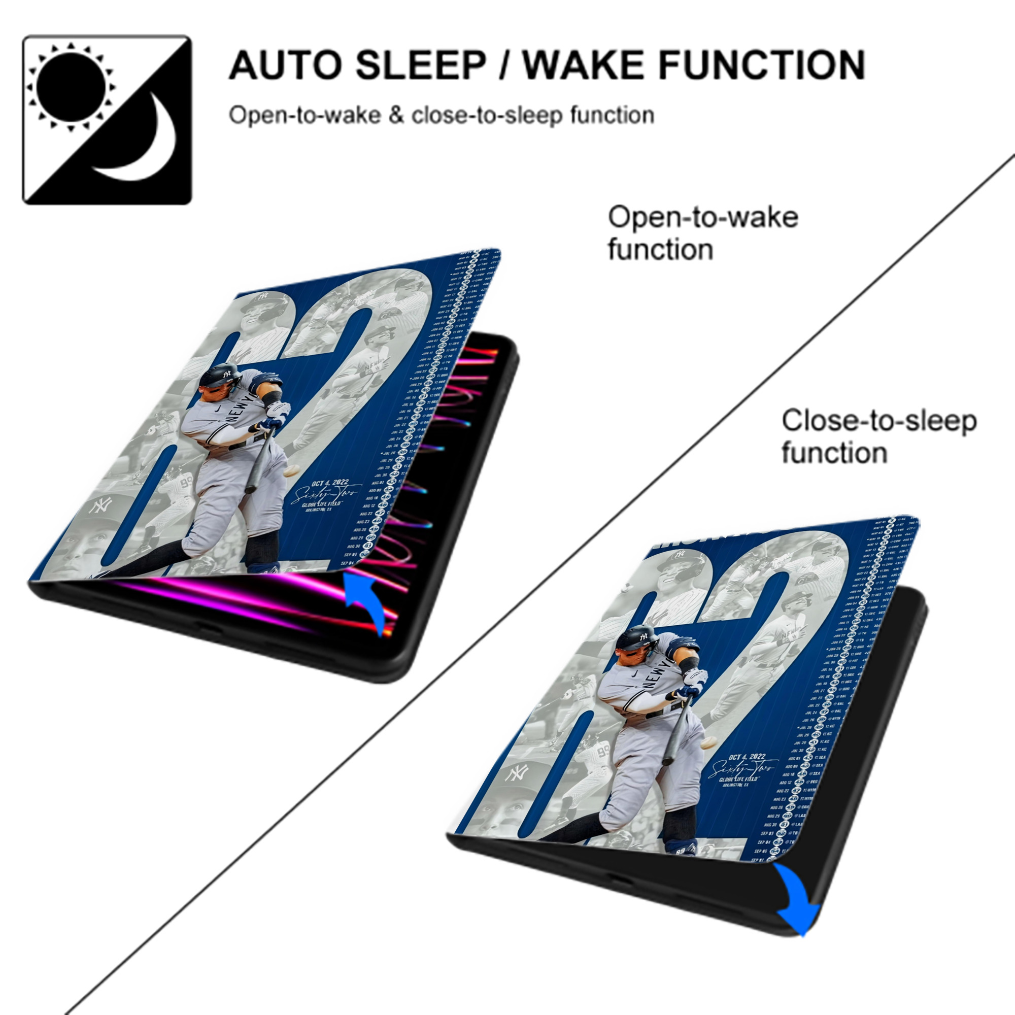 Aaron Judge AL Single Season 62  Home Run Record Premium Tri-Fold PU Leather & Silicone IPad Case With Pencil Slot – Fits 9.5,10.5,10.9 – Adjustable Stand, Slim, Protective