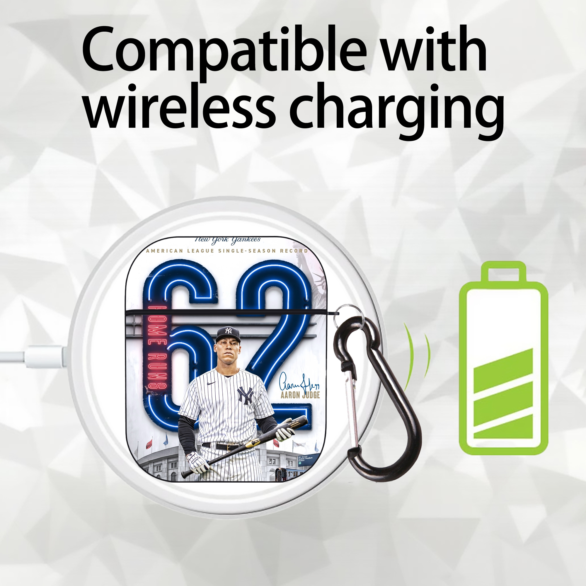 Aaron Judge AL Single Season 62  Home Run Record AirPods 2 Case Hard Shell Black, Flexible PC Material, Precise Cutouts, Full Protection, Anti-Fingerprint, Washable, Includes Keychain – Durable & Slim Design