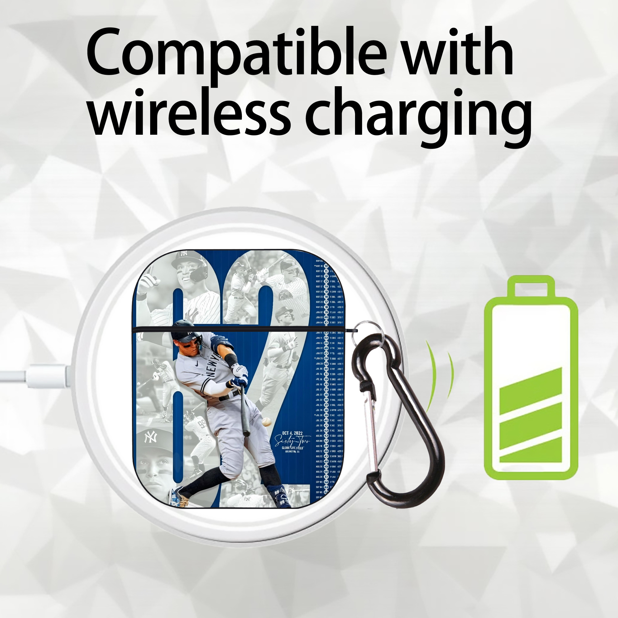 Aaron Judge AL Single Season 62  Home Run Record AirPods 2 Case Hard Shell Black, Flexible PC Material, Precise Cutouts, Full Protection, Anti-Fingerprint, Washable, Includes Keychain – Durable & Slim Design