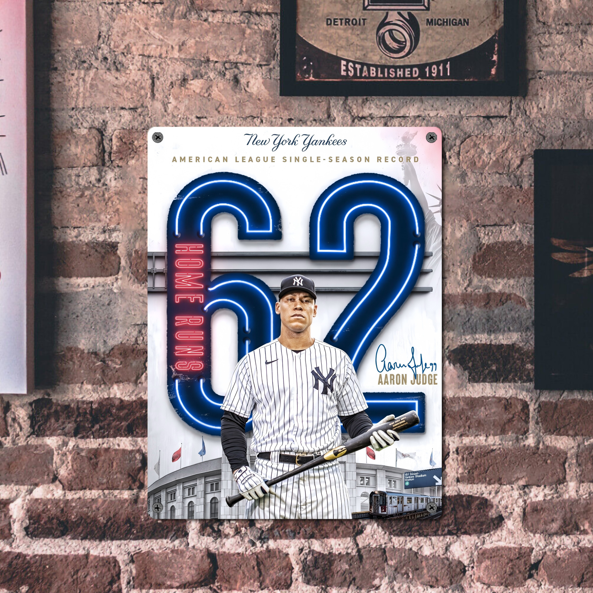 Aaron Judge AL Single Season 62  Home Run Record Vintage Metal Tin Sign 12x16inch – Retro Wall Art Decor For Home, Bar, Kitchen, Bedroom, Office – Durable Iron Sheet Poster, Easy To Hang, Full-Color Printing