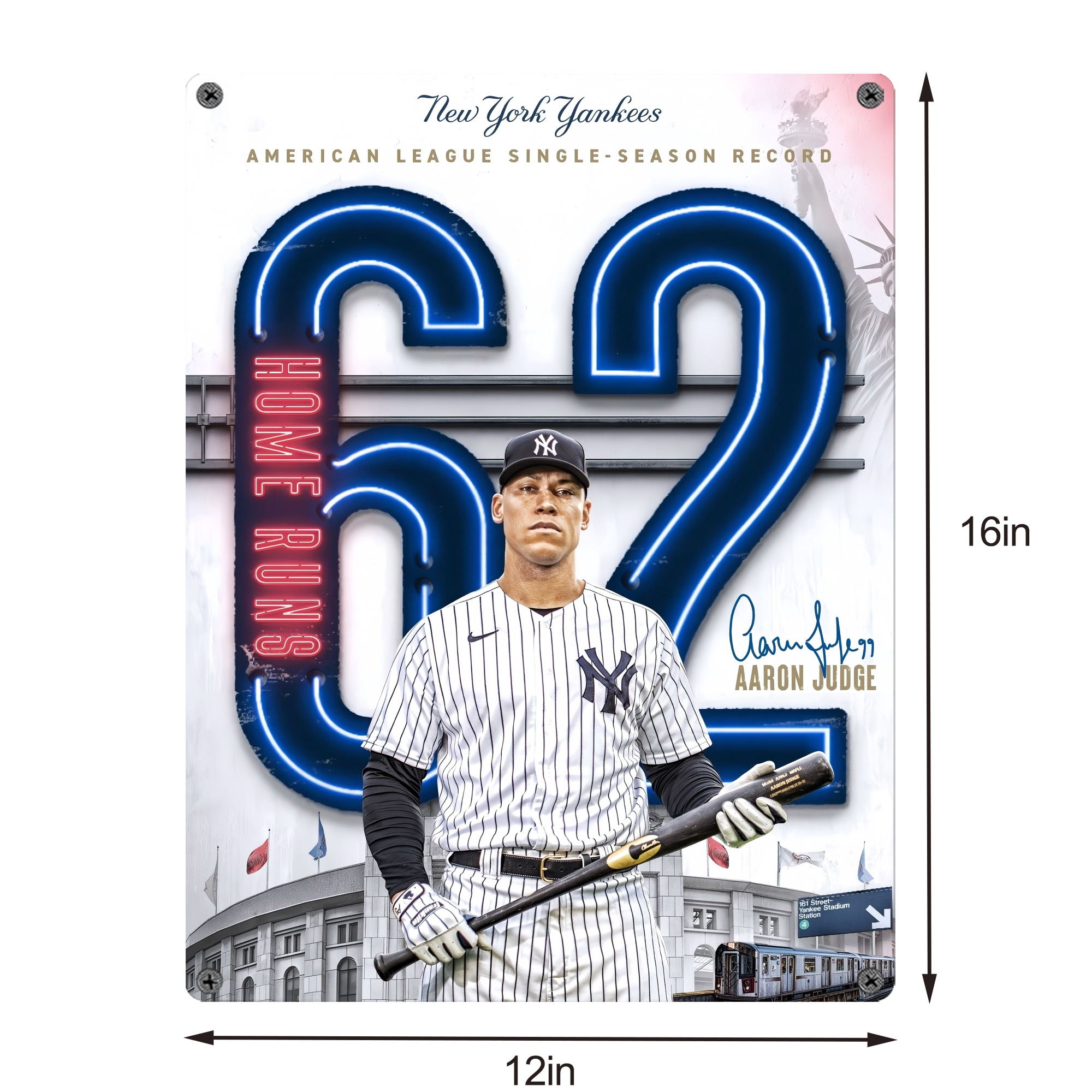 Aaron Judge AL Single Season 62  Home Run Record Vintage Metal Tin Sign 12x16inch – Retro Wall Art Decor For Home, Bar, Kitchen, Bedroom, Office – Durable Iron Sheet Poster, Easy To Hang, Full-Color Printing