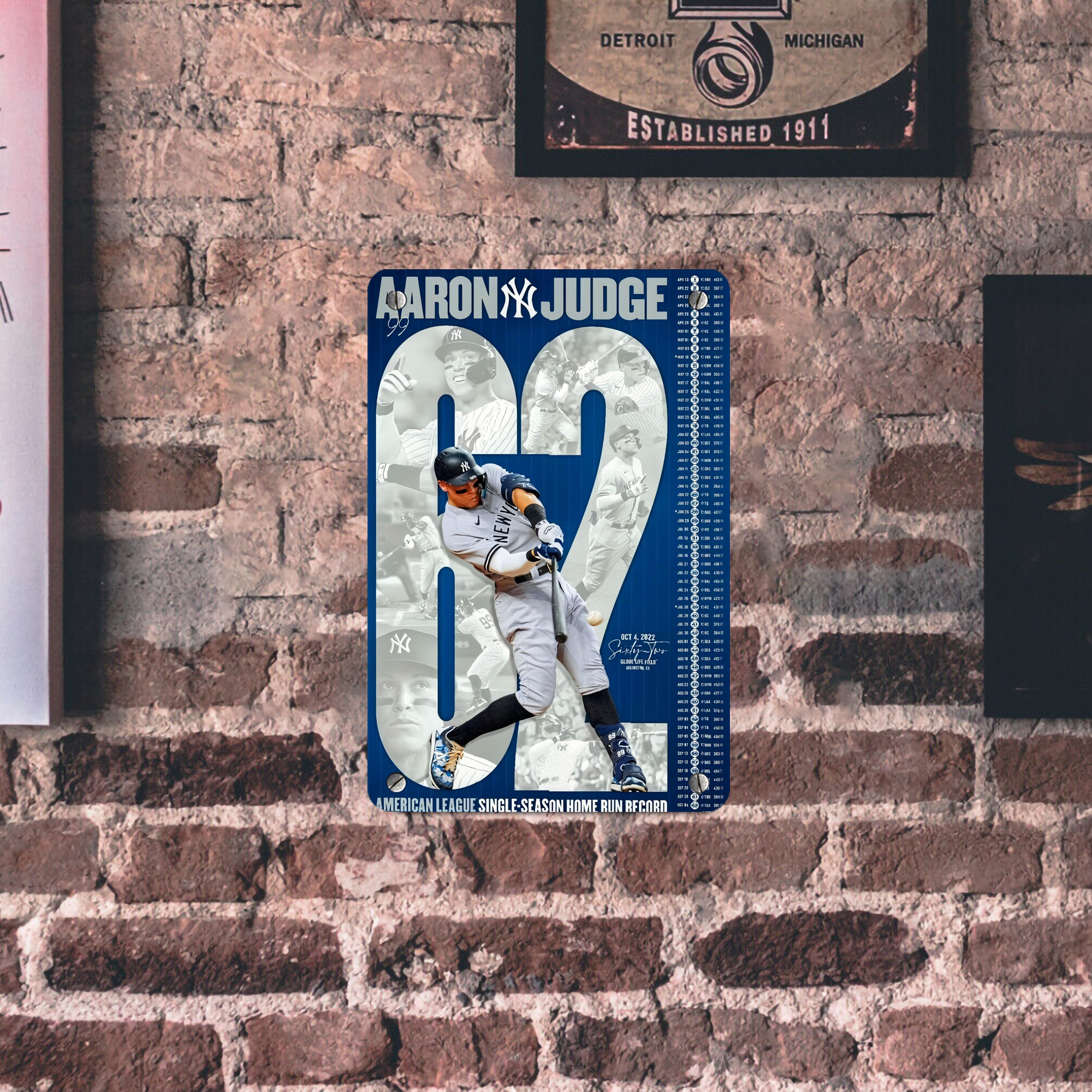 Aaron Judge AL Single Season 62  Home Run Record Metal Tin Sign 8x12inch - High-Quality Full-Print Decorative Wall Art, Durable Rust-Resistant Metal Plaque For Living Room, Bedroom, Kitchen, Office, Bar Décor