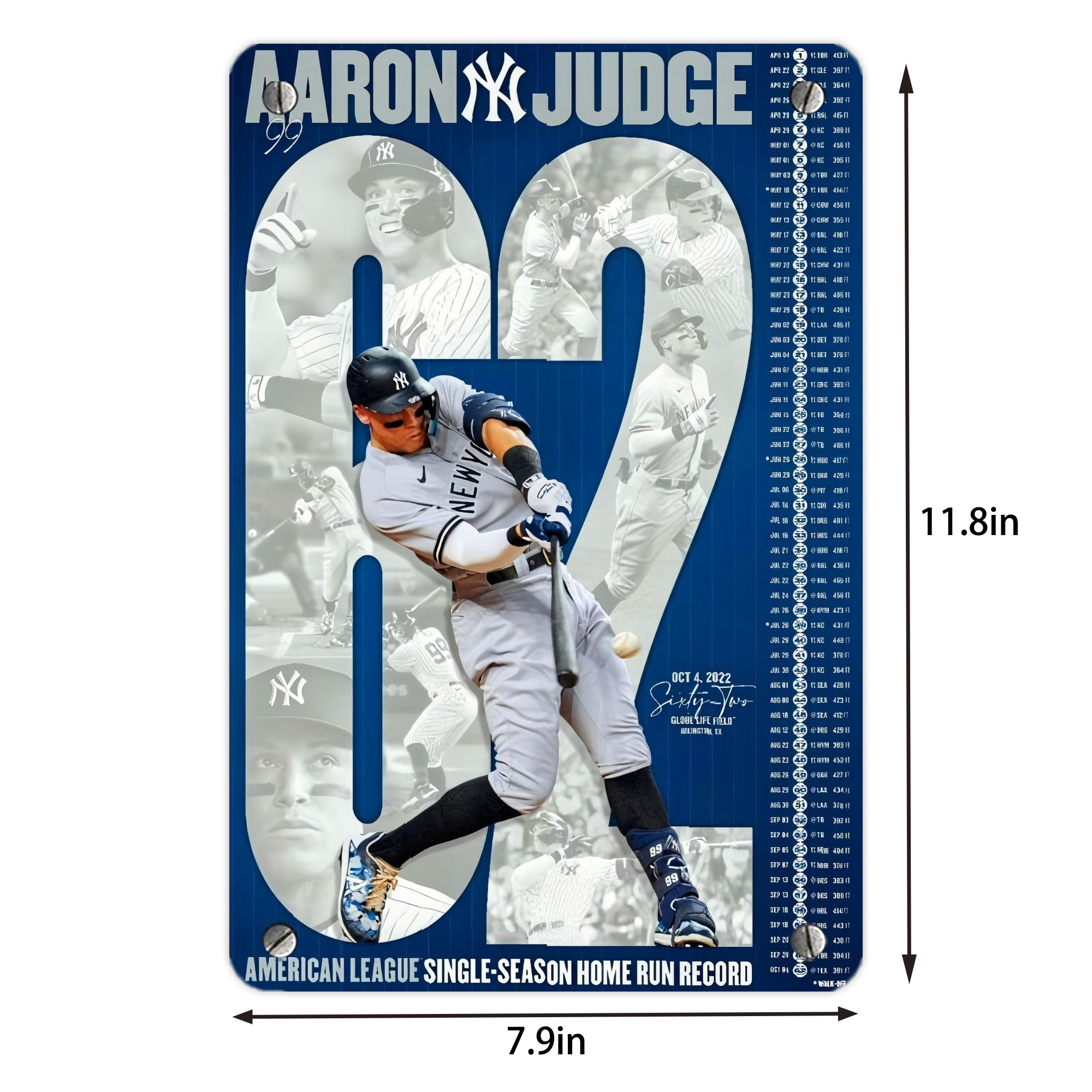 Aaron Judge AL Single Season 62  Home Run Record Metal Tin Sign 8x12inch - High-Quality Full-Print Decorative Wall Art, Durable Rust-Resistant Metal Plaque For Living Room, Bedroom, Kitchen, Office, Bar Décor