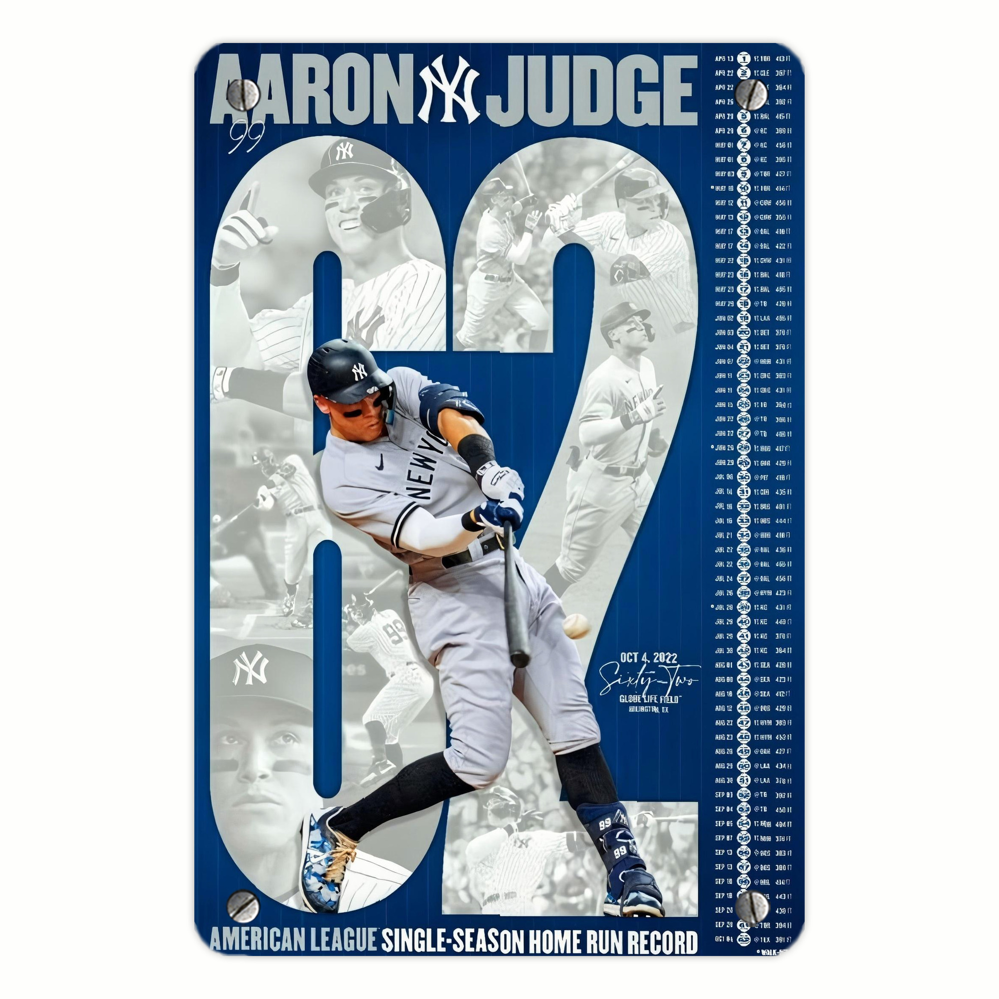 Aaron Judge AL Single Season 62  Home Run Record Metal Tin Sign 8x12inch - High-Quality Full-Print Decorative Wall Art, Durable Rust-Resistant Metal Plaque For Living Room, Bedroom, Kitchen, Office, Bar Décor